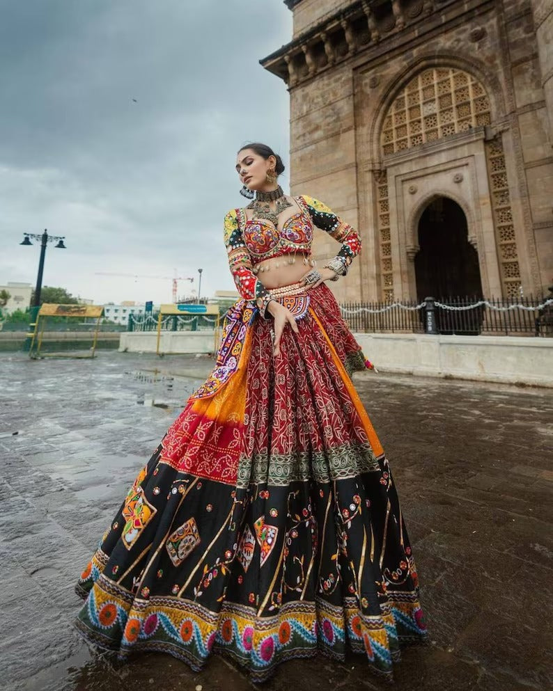 Navratri Special Silk Lehenga Choli With Glued Real Mirror Work And Printed Work For Navratri Garba Dance, God pooja, Navratri Festival