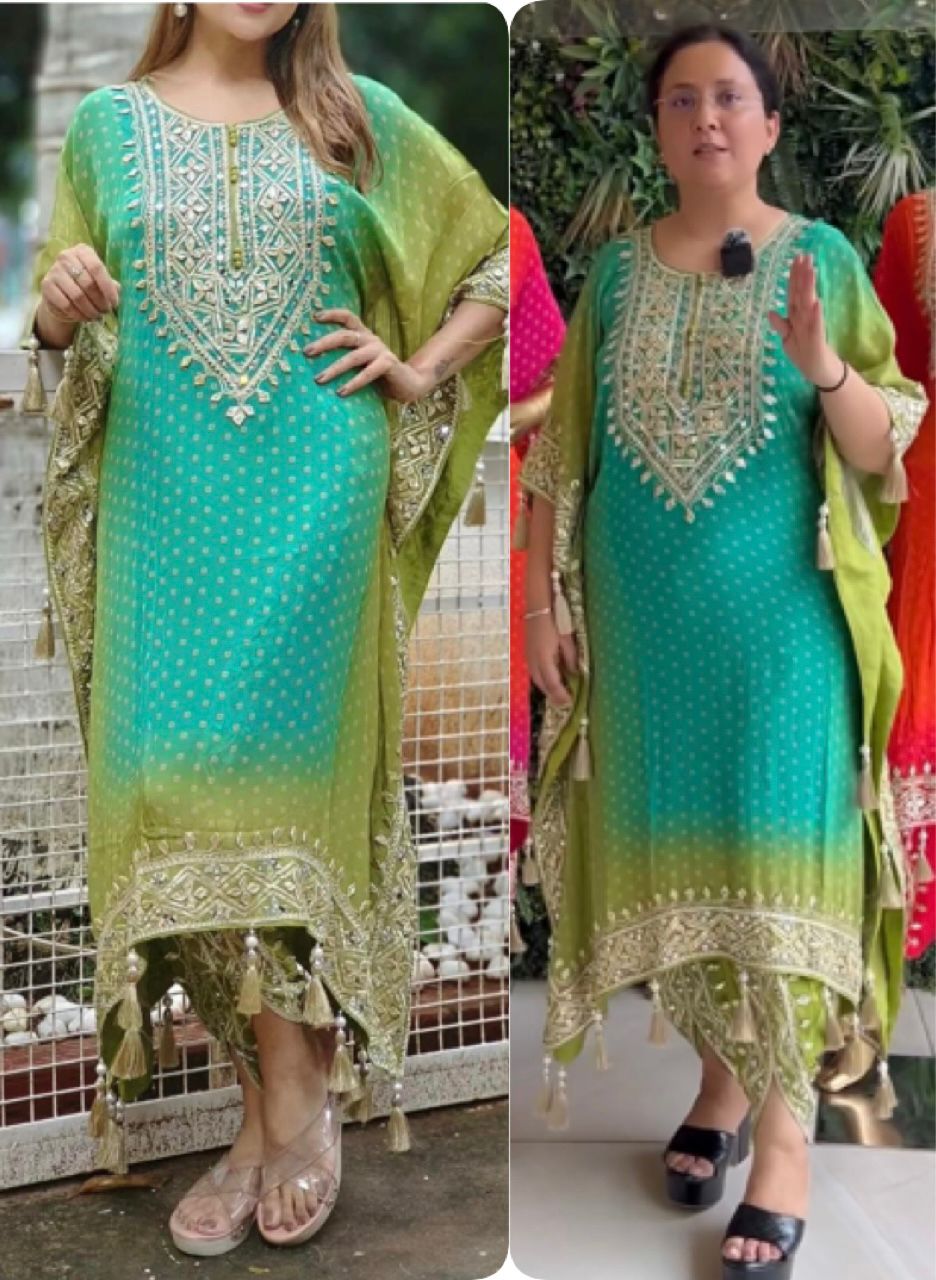 Stunning Embroidery Work Pure Chinon Silk Kaftan With Dhoti Set