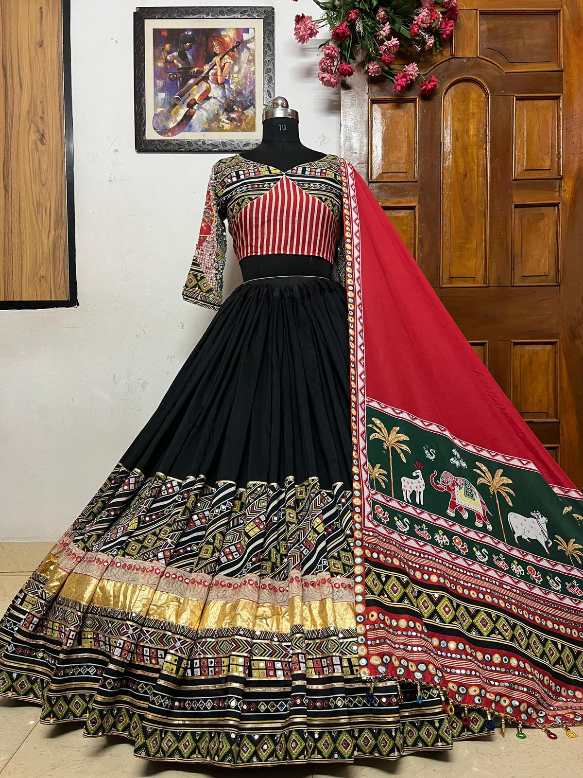 Navratri speical butter silk lehenga choli heavy printed chaniya choli real mirror work dandiya dress Navratri Pooja lehenga choli set.