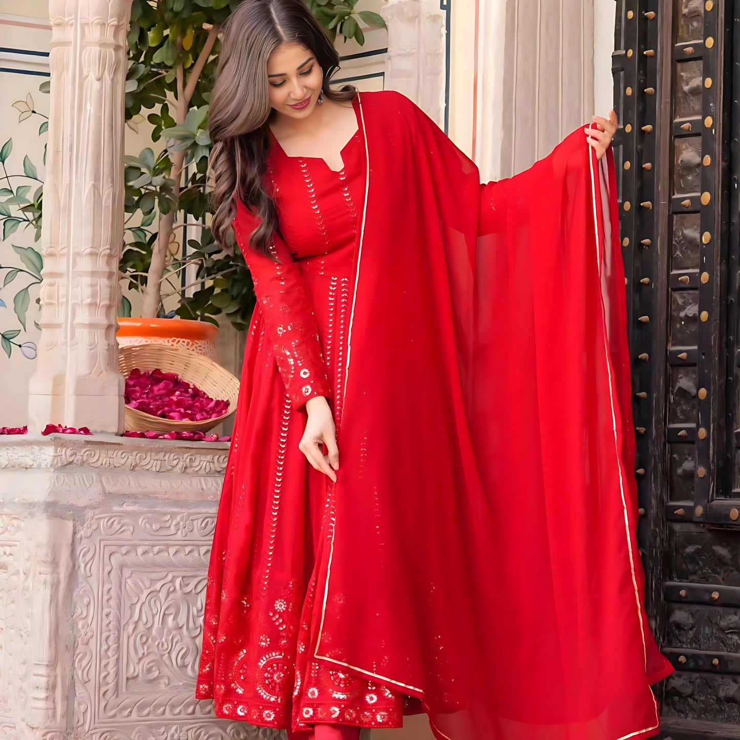 karwa chauth Party Wear Indian Red Gown Ethnic Wear gown Flared Gown Full Flair Gown Indian Wedding Dress Anarkali Suit Long Flared gown kurti suit