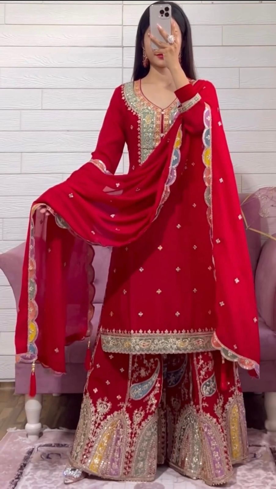 Red Kurta sharara suit 3 pc Salwar kameez readymade suit Sarara suit Stylish Pakistani suit Punjabi wedding dress Bridesmaids sharara