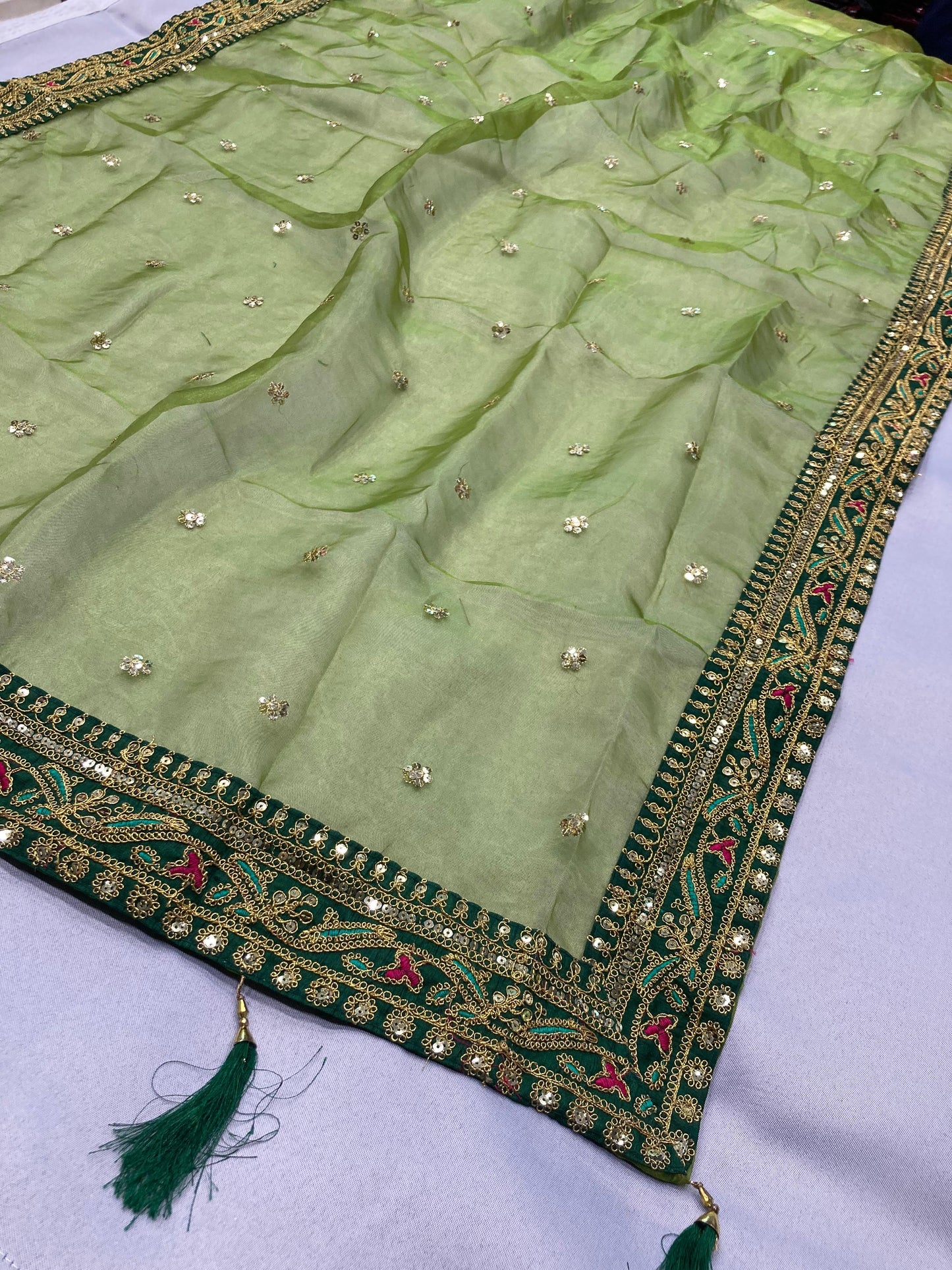 Looking some one for this same colour beautiful Designer Saree on premium Royal Organza fabric with digital printed with sequence Butti Fully embroidery lace border work