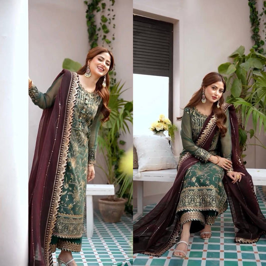 Designer green georgette with sleeveless top and dupatta with heavy work for party wear suit heavy work suit dress for eid