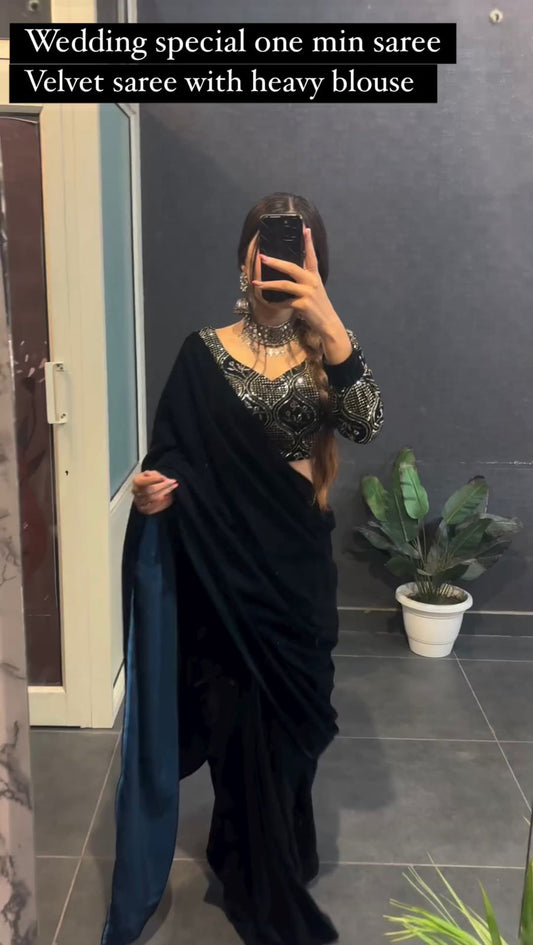 velvet saree with hand Embroidered blouse |heavy embroidered velvet blouse and saree |full sleeve blouse/royal blue velvet saree