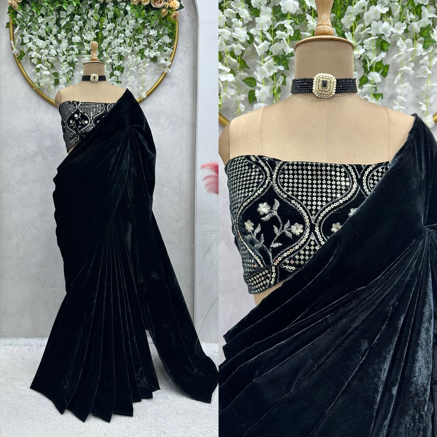 velvet saree with hand Embroidered blouse |heavy embroidered velvet blouse and saree |full sleeve blouse/royal blue velvet saree