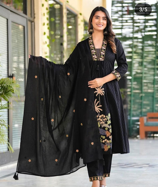 Anarkali V Neck Kurti 3 piece set, Sea Black Indian Traditional Kurti Set with Dupatta, Perfect Gift for her, India culture daily wear