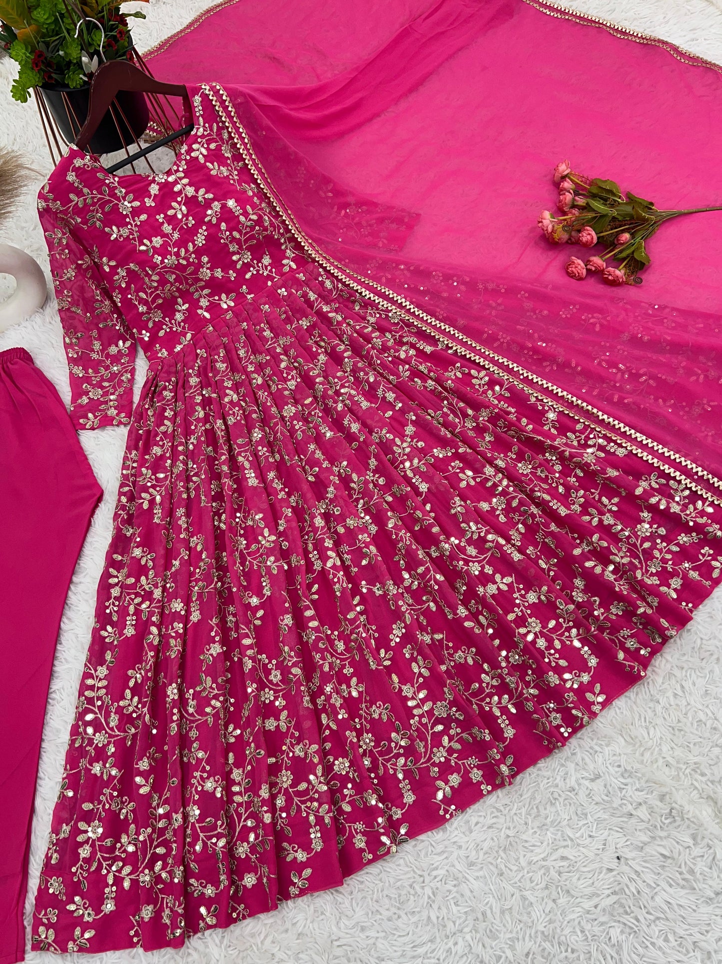 Designer Collection In Faux Georgette With Embroidery Work Gown And Dupatta Set Fully Stitched Ready To Wear