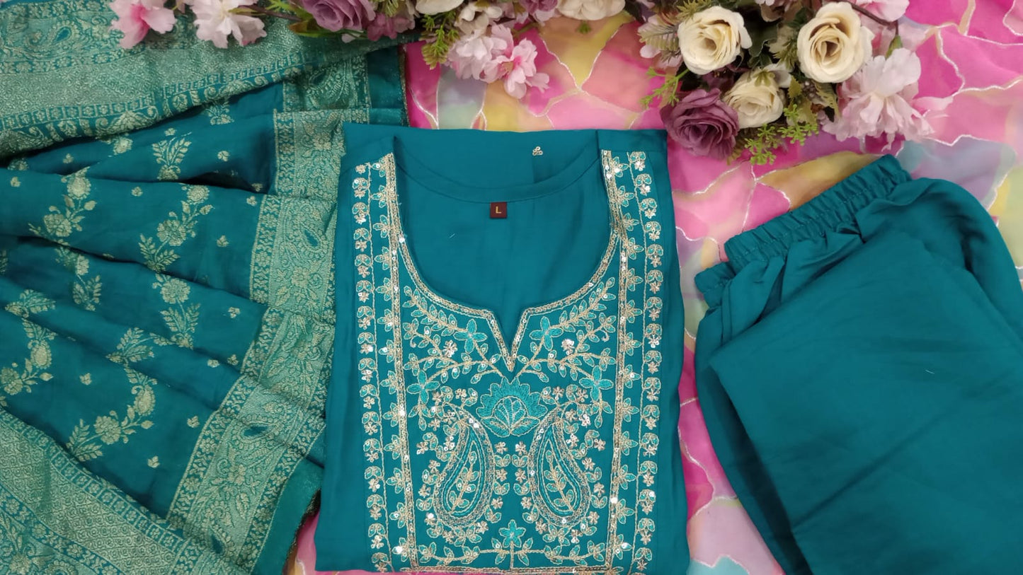 NEW HEVAY 3 PIECE SUIT SET PURE ORIGINAL CHANDERI JACQUARD (BANARASI ) DUPPTA