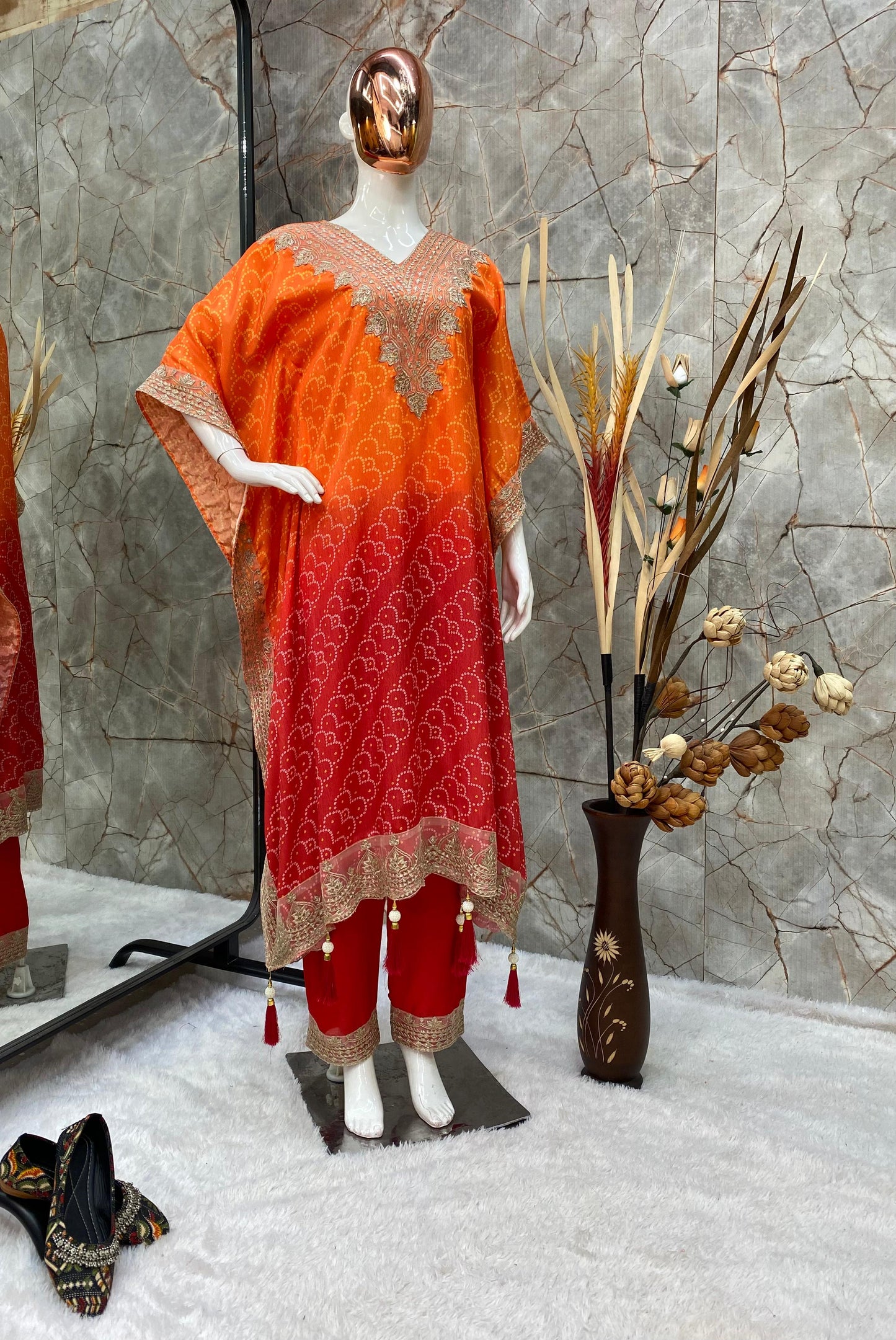 TRENDING THE BANDHANI PRINT WITH SEQUENCES EMBROIDERY WORK KAFTAN WITH PANT