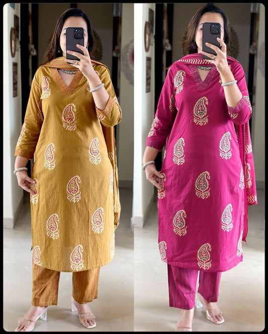 Pure fine Cotton fabric   Kurti with Pant with cotton 100-100 Dupatta🌹🌹Nack Hand work