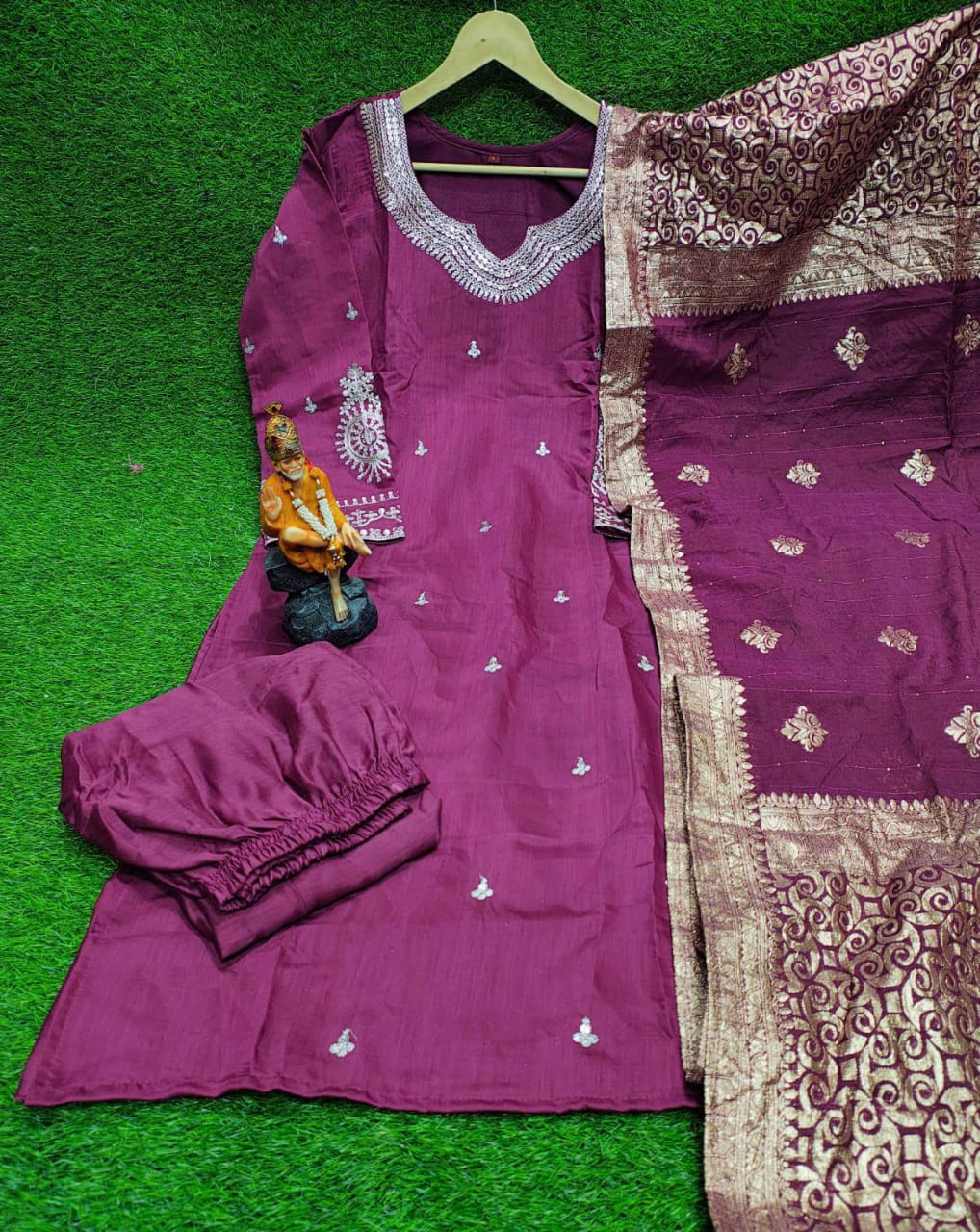 HEAVY BANANA COTTON SILK Full Work with ORIGINAL SEQUENCE HAND WORK AND  Top, Bottom & Dupatta[3 piece]FOR diwali suits