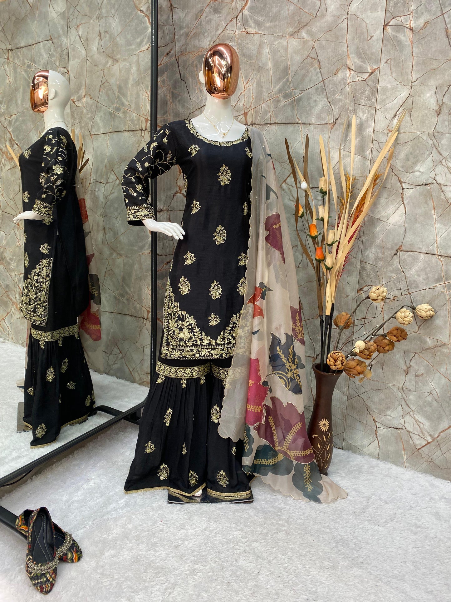 DESIGNER HEAVY CHINON WITH SEQUANCE EMBROIDERY WORK SUIT WITH FULL FLAIR WORK SHARARA AND DUPATTA