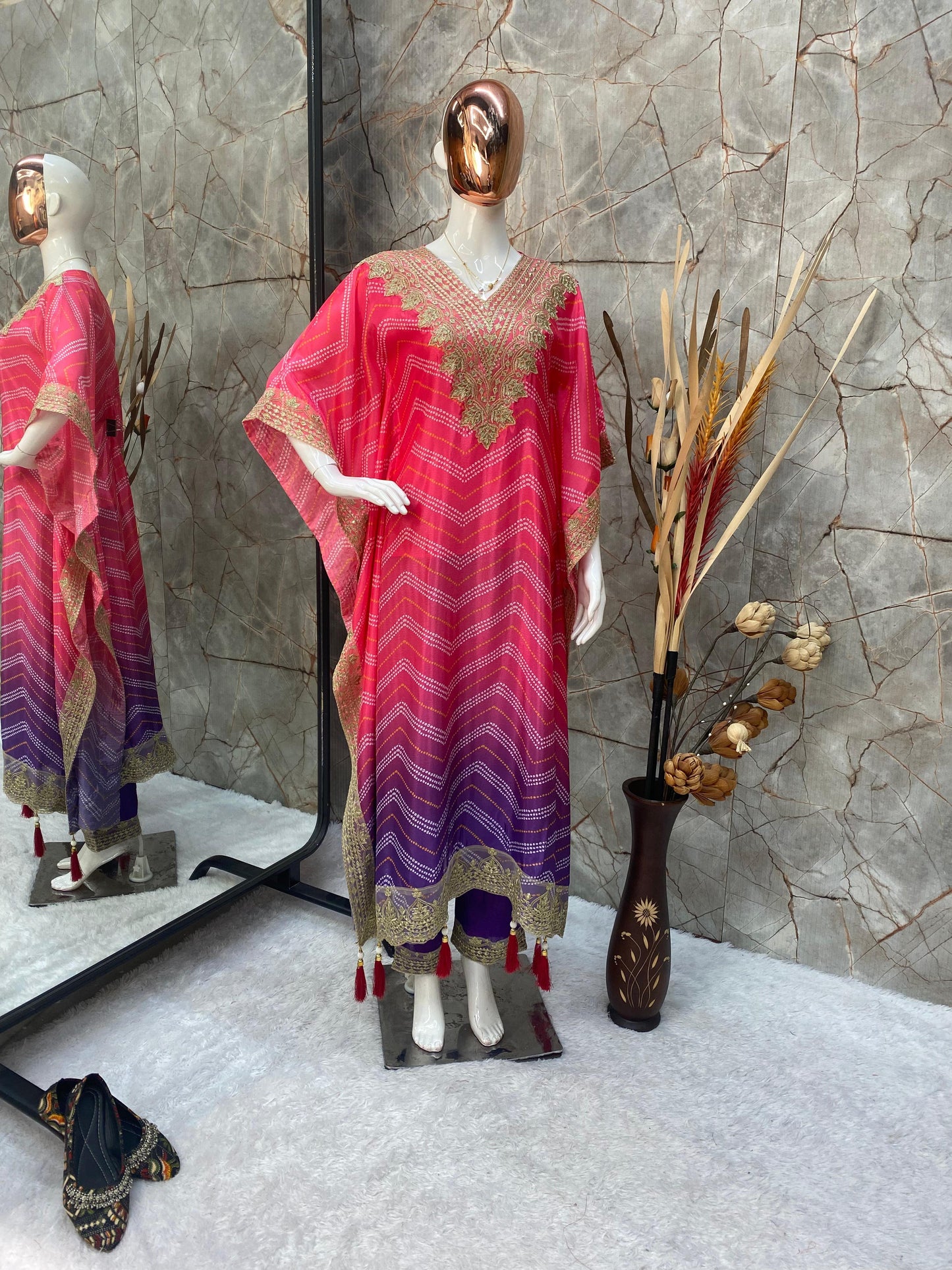 THE BANDHANI PRINT WITH SEQUENCES EMBROIDERY WORK KAFTAN WITH PANT