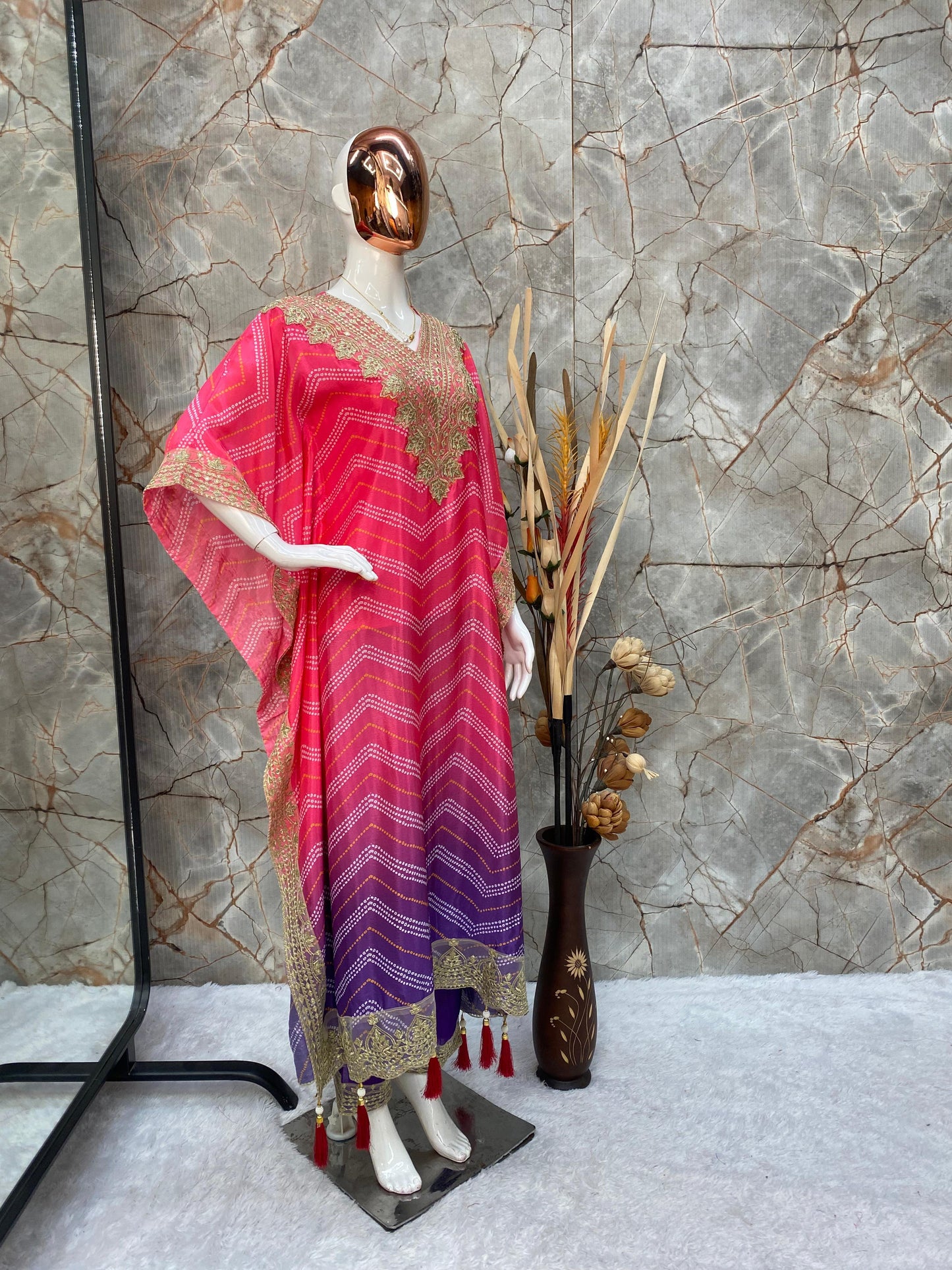 THE BANDHANI PRINT WITH SEQUENCES EMBROIDERY WORK KAFTAN WITH PANT