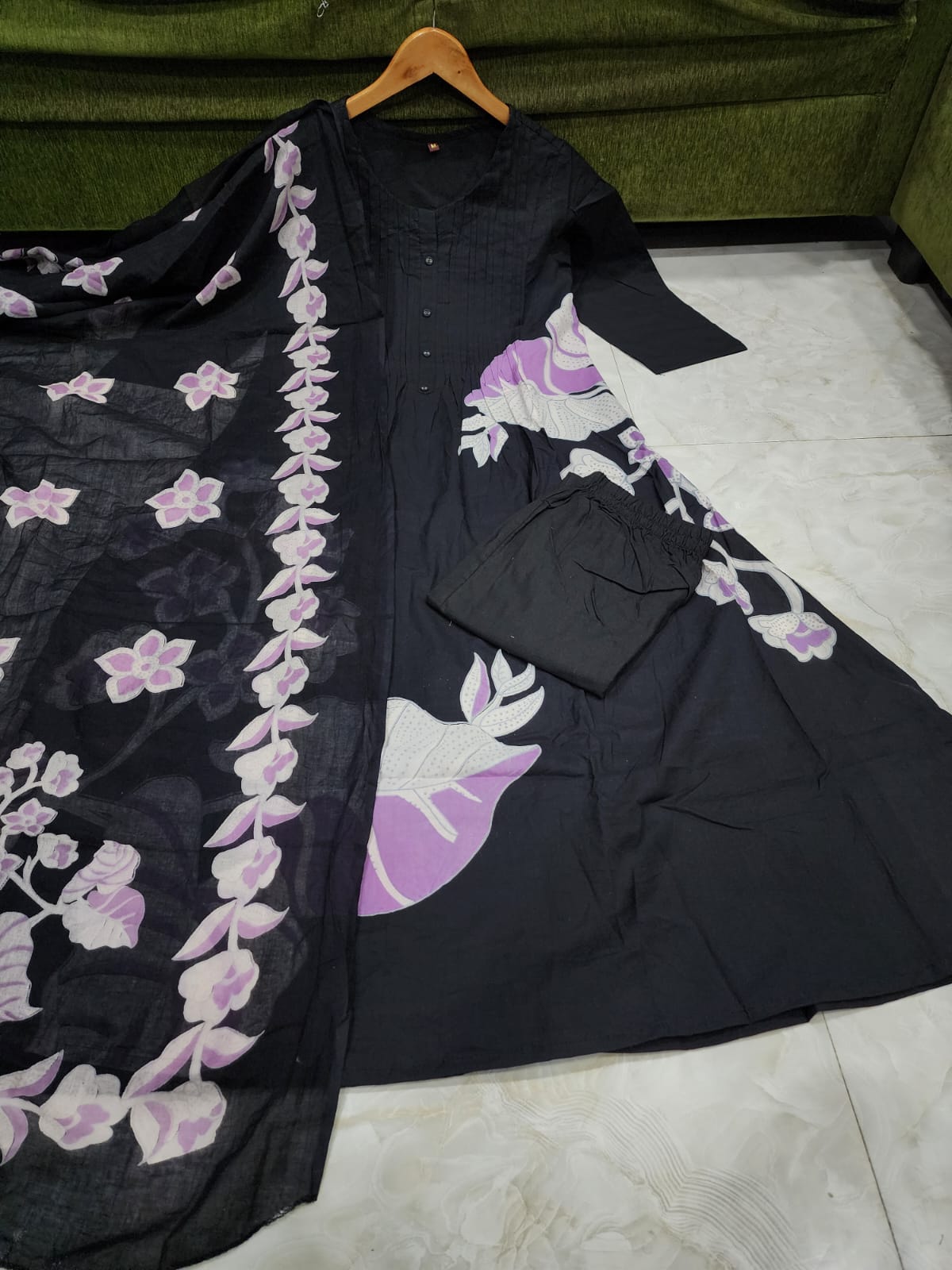 Pure Cotton kurti with self print with pant and mulmul printed dupatta