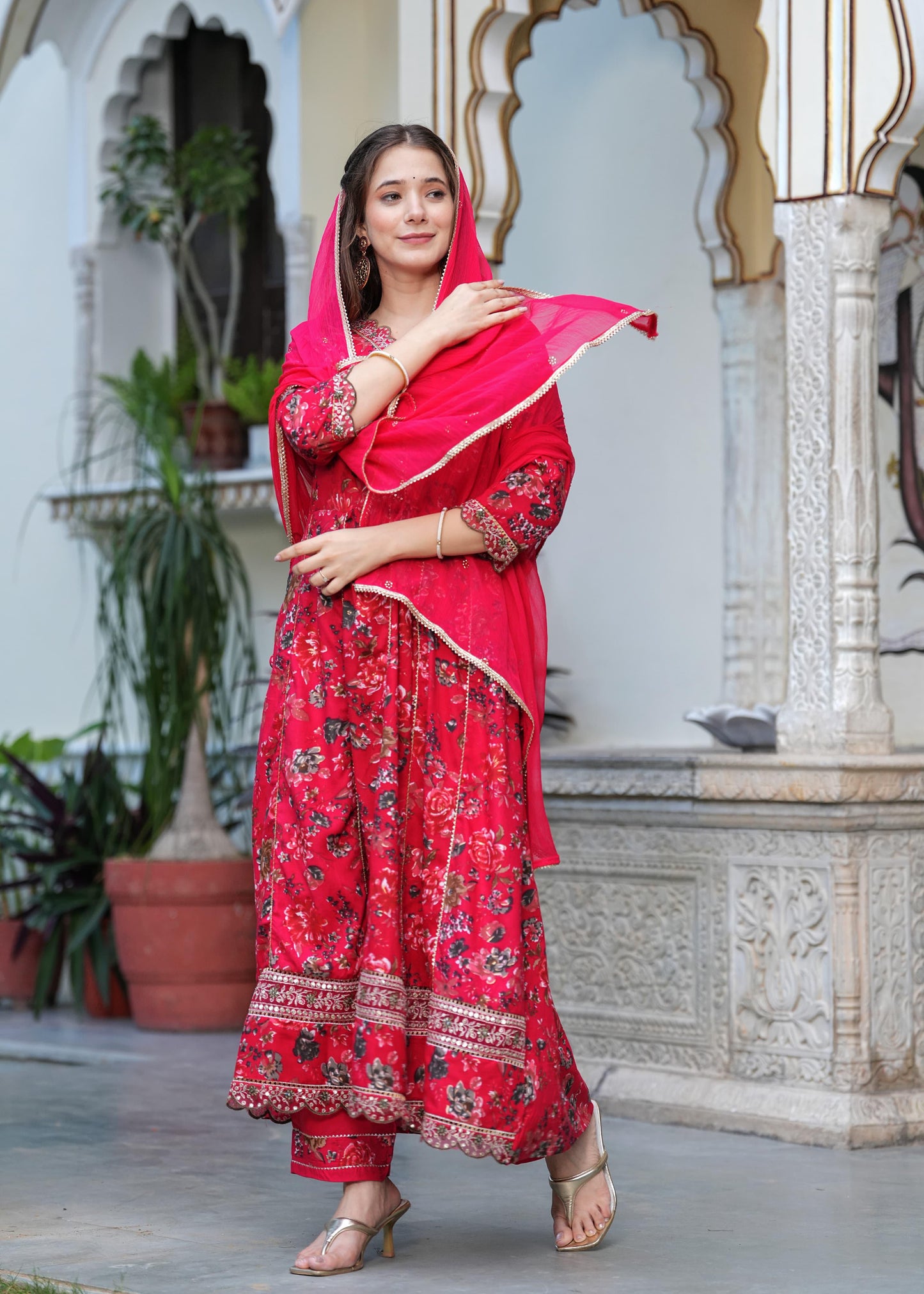 Beautiful ANARKALI KURTA with heavy Reyon embroidery &nbsp;work &nbsp;on yoke along with pants with duppata