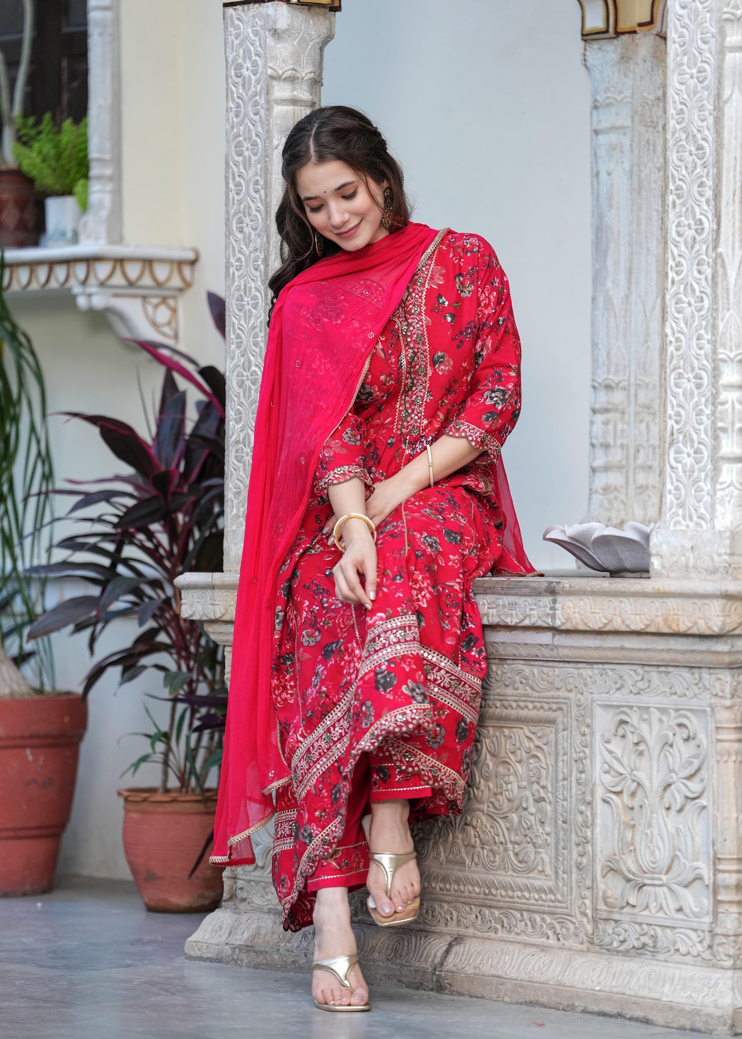 Beautiful ANARKALI KURTA with heavy Reyon embroidery &nbsp;work &nbsp;on yoke along with pants with duppata