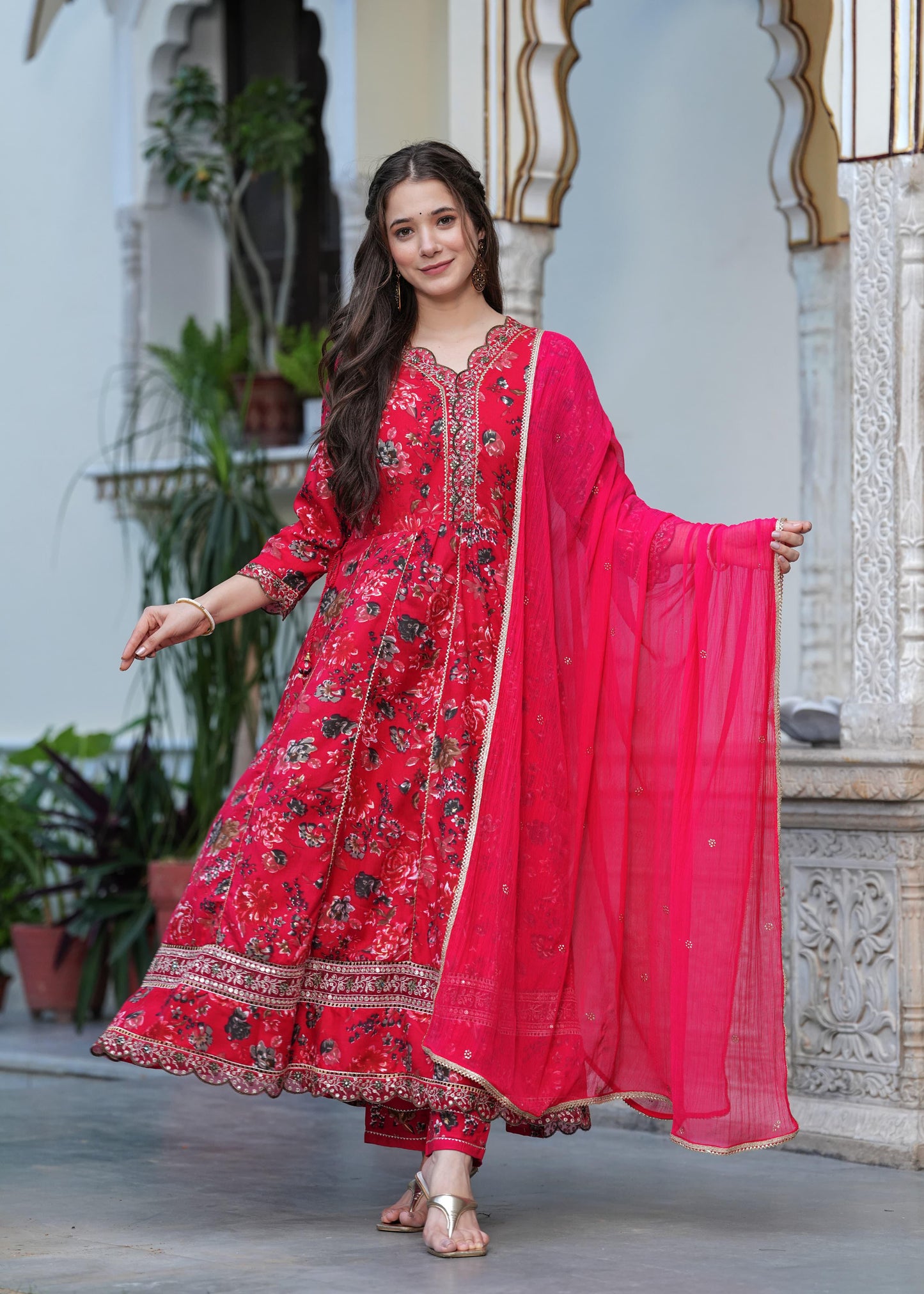 Beautiful ANARKALI KURTA with heavy Reyon embroidery &nbsp;work &nbsp;on yoke along with pants with duppata