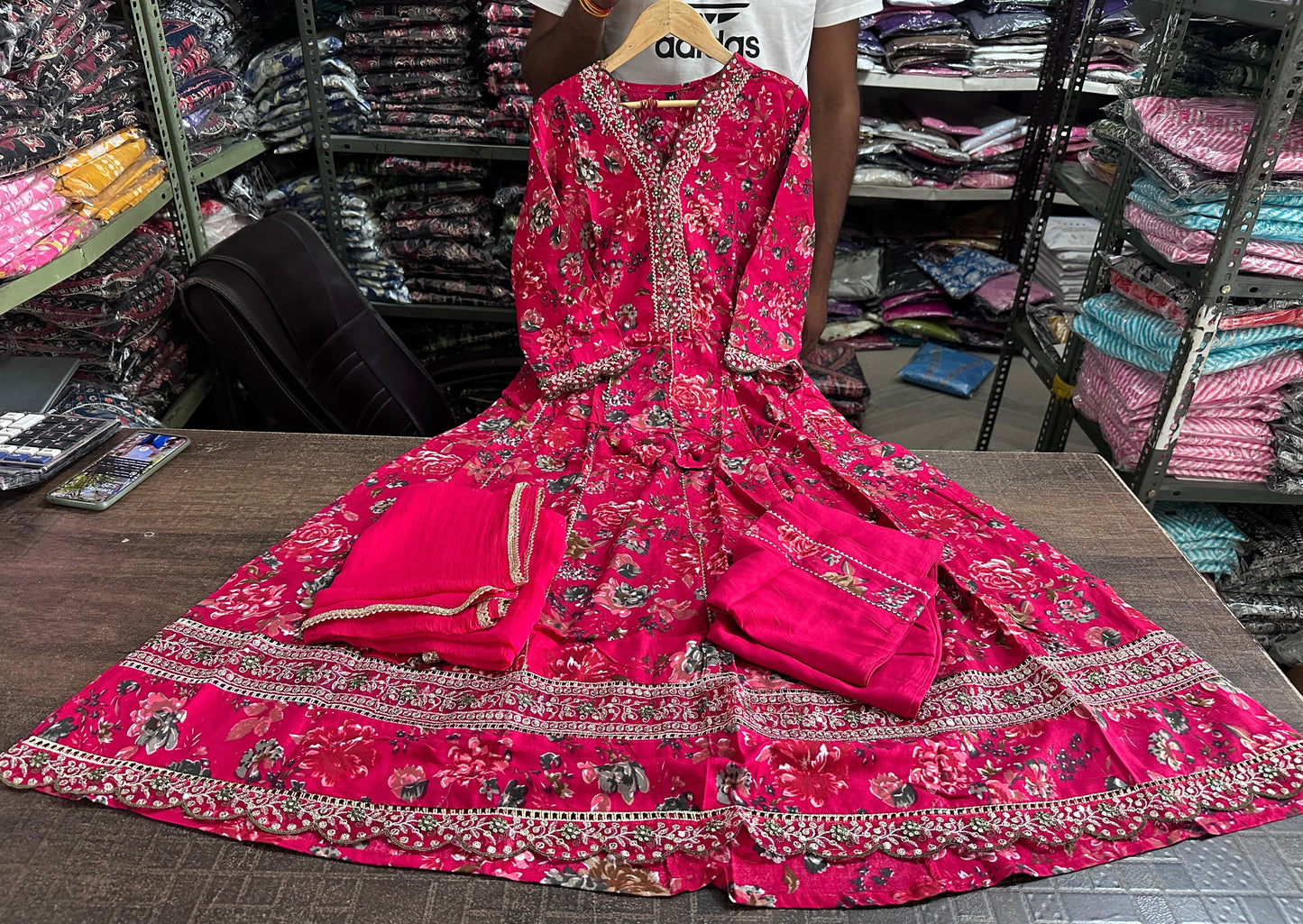 Beautiful ANARKALI KURTA with heavy Reyon embroidery &nbsp;work &nbsp;on yoke along with pants with duppata