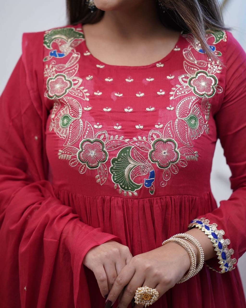 Beautiful Floral Peacock Embroidery Work On Yoke Detailing With Lace Work Anarkali Kurti With Pant And Georgette Dupatta