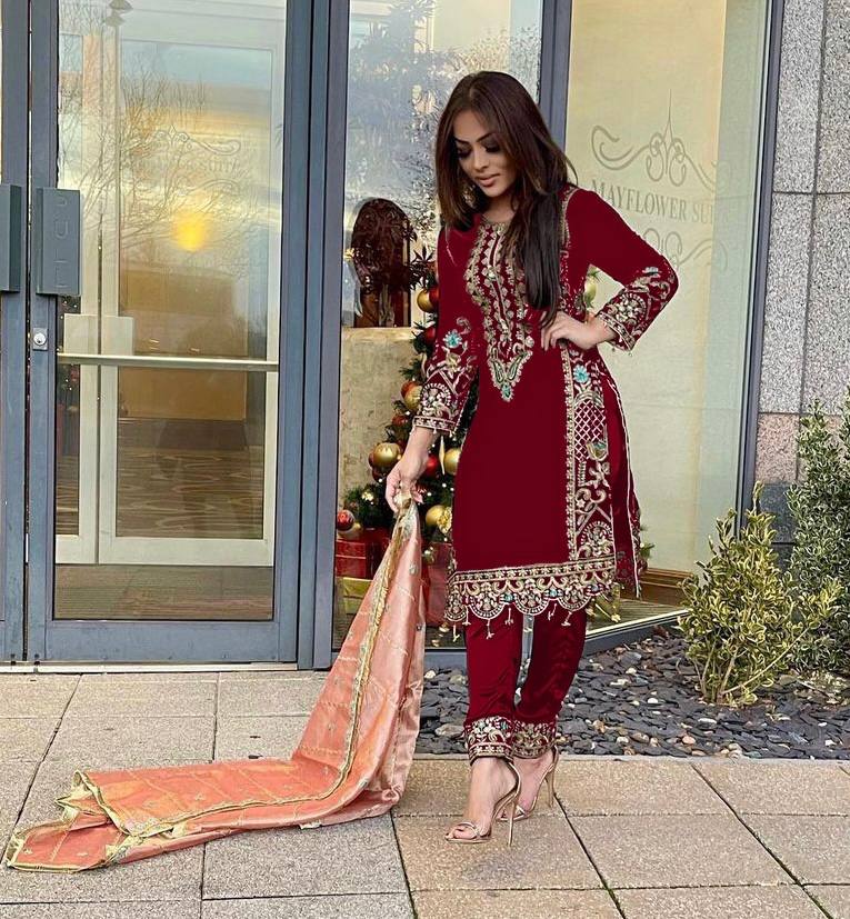 Gorgeous Partywear Red Velvet Suit for Women size XL Punjabi Wedding Suit set Pakistani suit set ready to ship XL size can extend upto 44