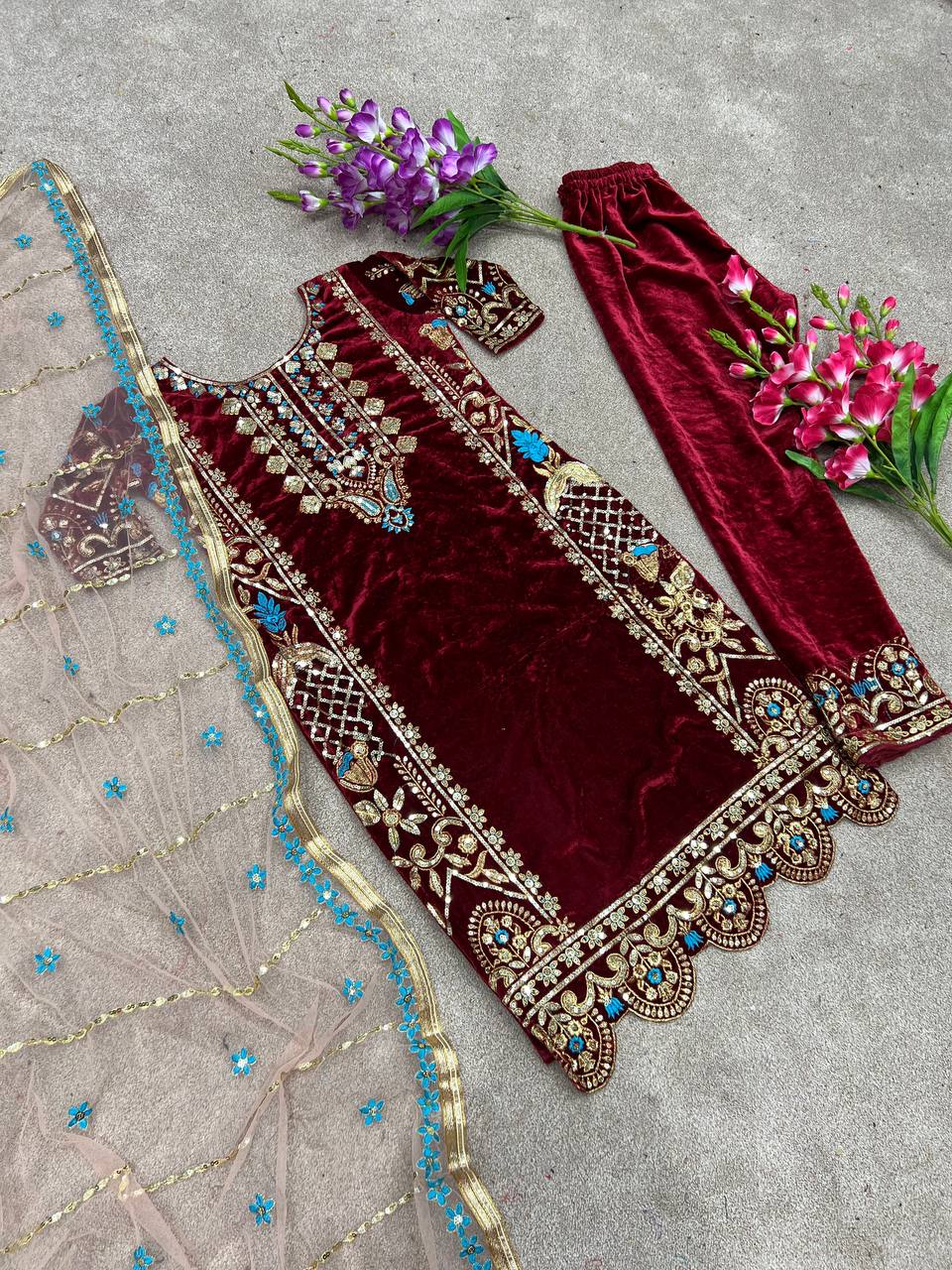 Gorgeous Partywear Red Velvet Suit for Women size XL Punjabi Wedding Suit set Pakistani suit set ready to ship XL size can extend upto 44