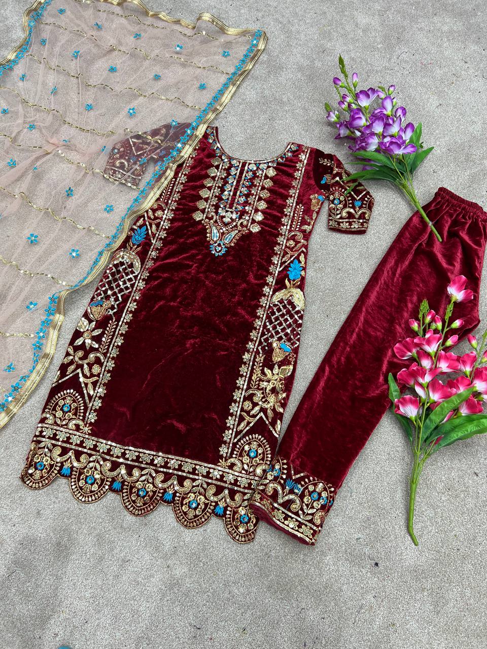 Gorgeous Partywear Red Velvet Suit for Women size XL Punjabi Wedding Suit set Pakistani suit set ready to ship XL size can extend upto 44