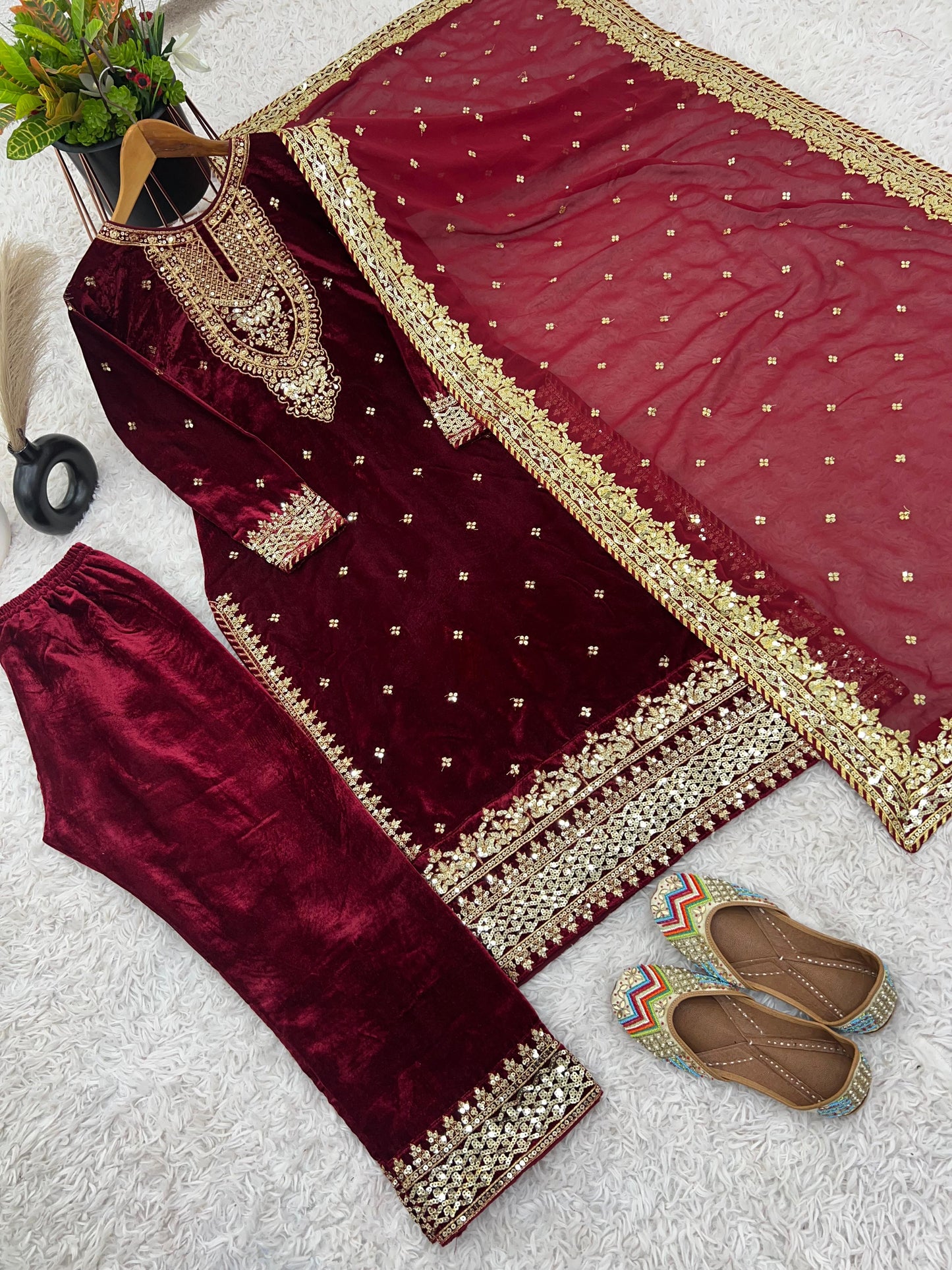 Party Wear Viscose Velvet Designer  Look Top-Dupatta and Fully Stitched Bottom With Heavy Embroidery Siquance Work