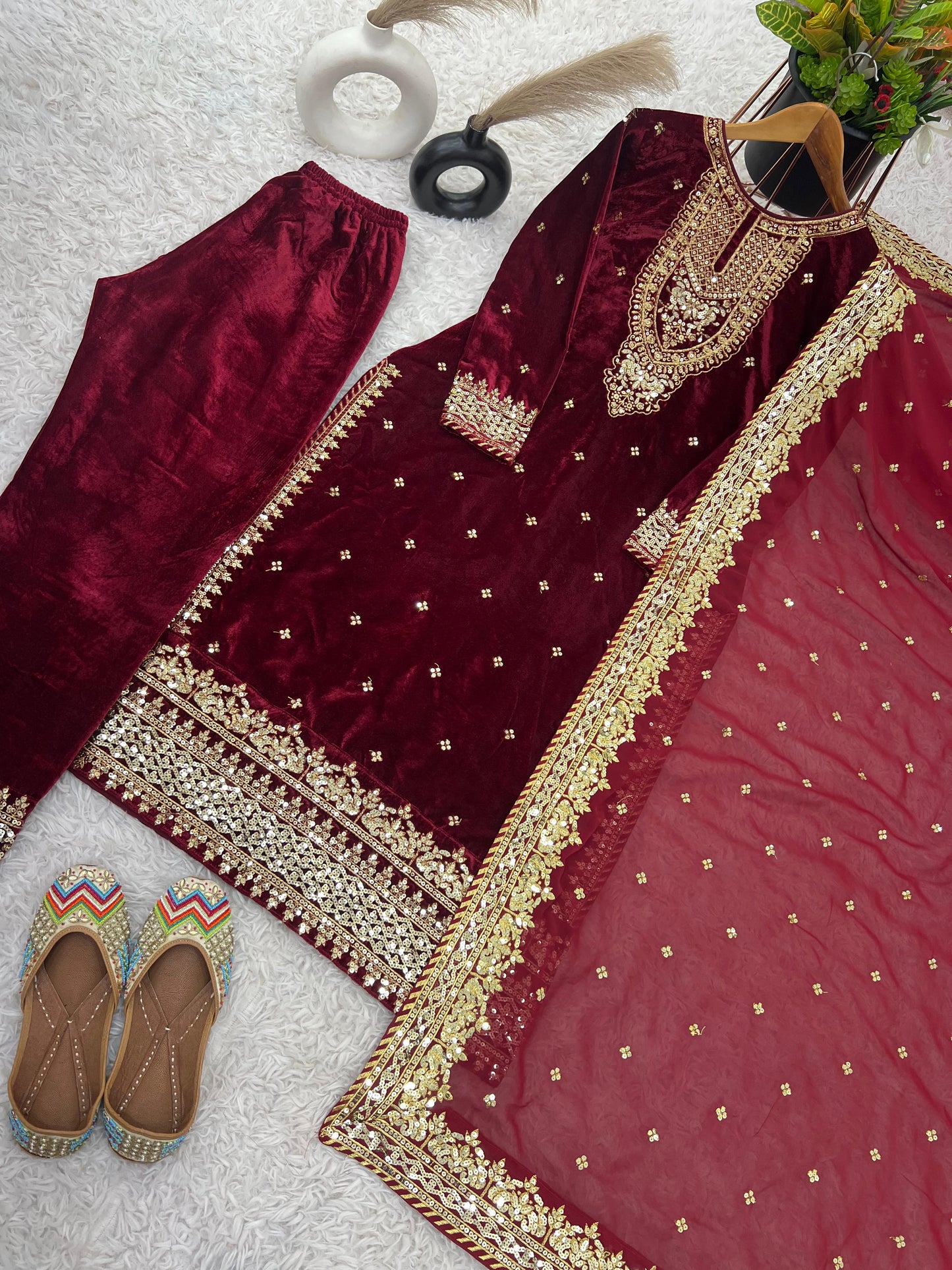 Party Wear Viscose Velvet Designer  Look Top-Dupatta and Fully Stitched Bottom With Heavy Embroidery Siquance Work