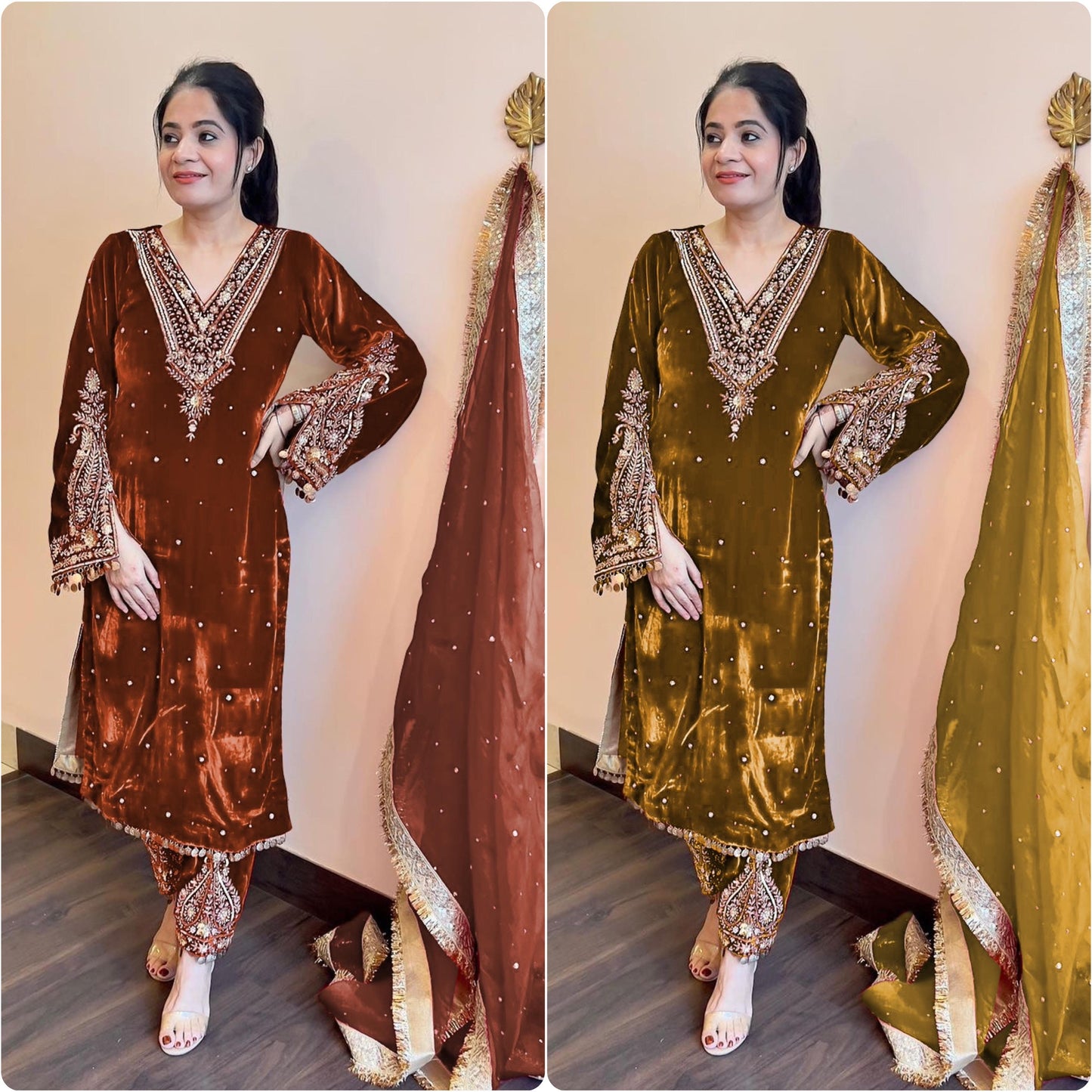 Đěsigner Party Wear Look Heavy Pure Viscose Velvet Top Plazzo & Dupatta Set