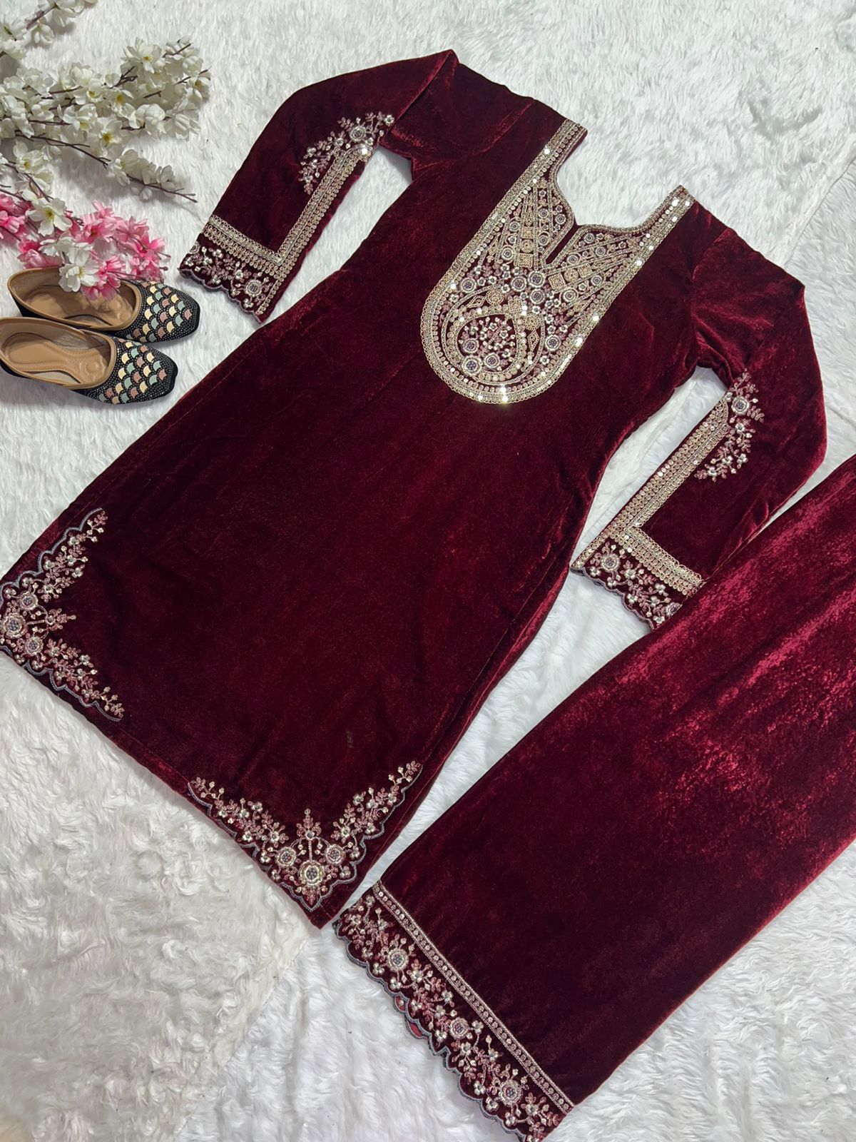 Designer Winter special velvet Designer Top With Dupatta and Bottom Set