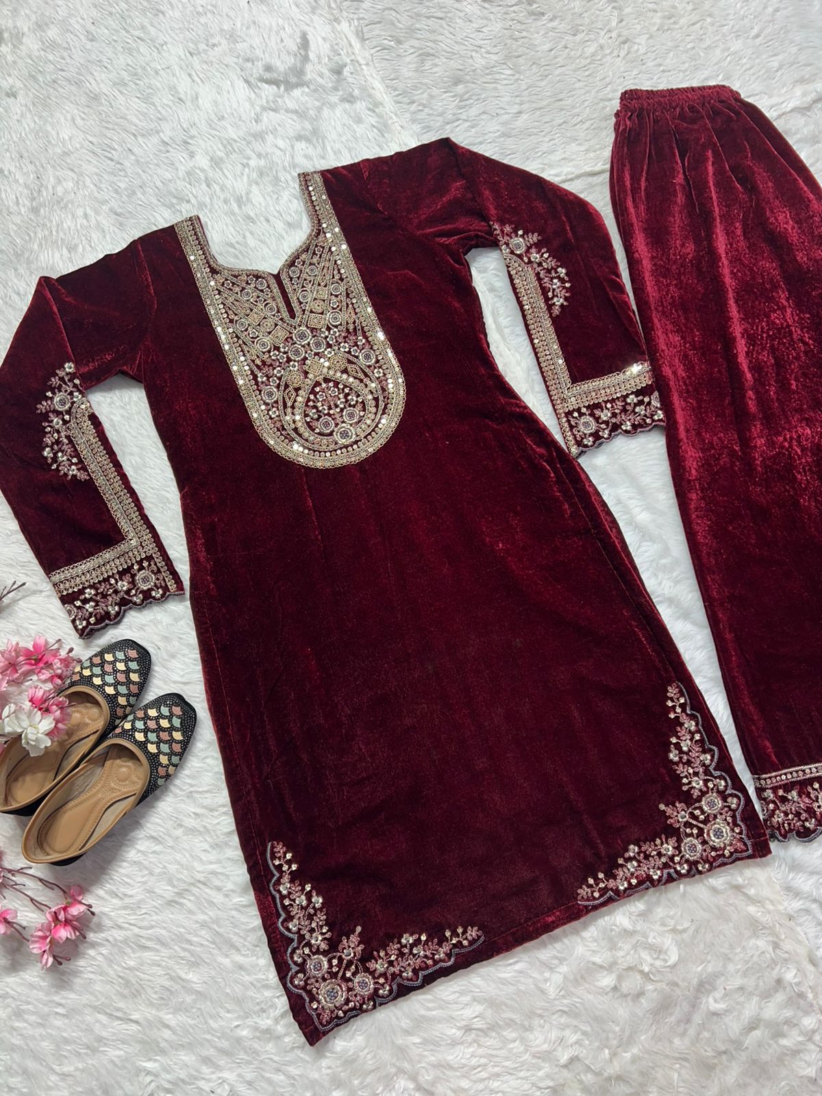 Designer Winter special velvet Designer Top With Dupatta and Bottom Set