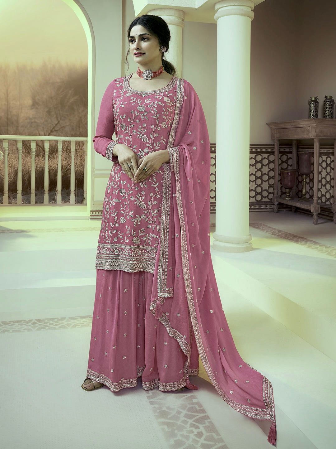 Embroidered Chinon Silk Pakistani Suit