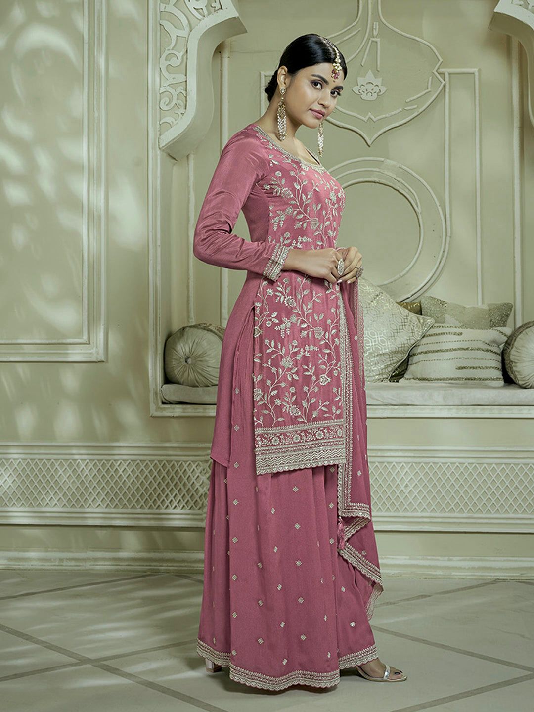 Embroidered Chinon Silk Pakistani Suit