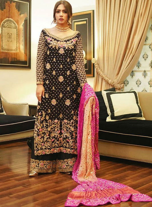 Beautiful Ready To Wear black Coloured Pure Viscose Velvet With Embroidery Heavy Suit For Women