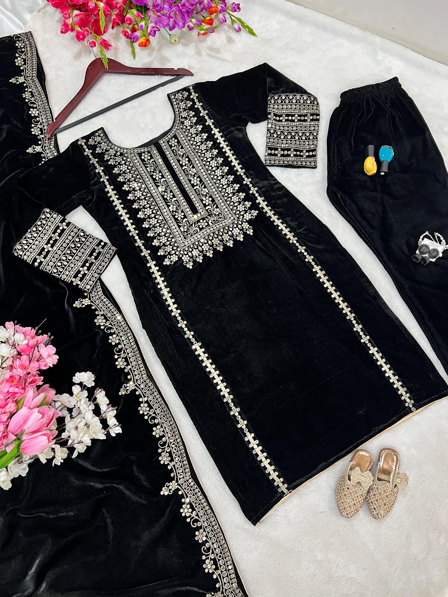 Designer Velvet 3 Piece Indian Ethnic Suits Ready To Wear Palazzo Kurta Dupatta Handwork Elegant Winter Wear Weeding Salwar Kameez For Eid