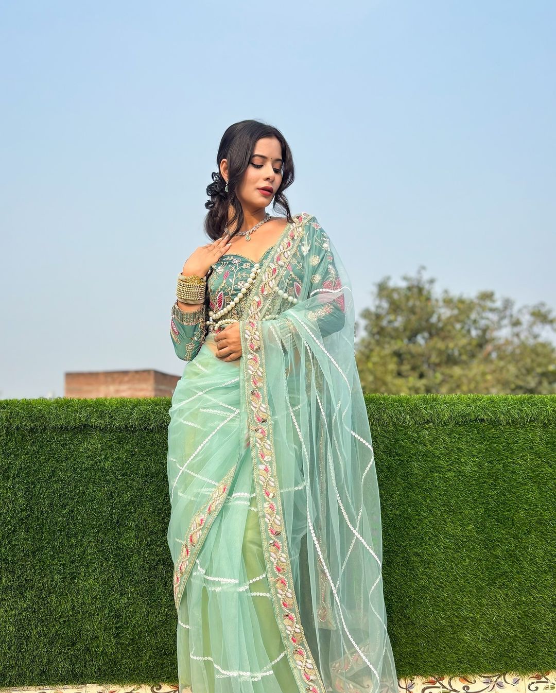 NEW SUPERHIT DESIGN ON NET FABRIC WITH HEAVY EMBROIDERY AND PEARL MOTI WORK SAREE AND BLOUSE