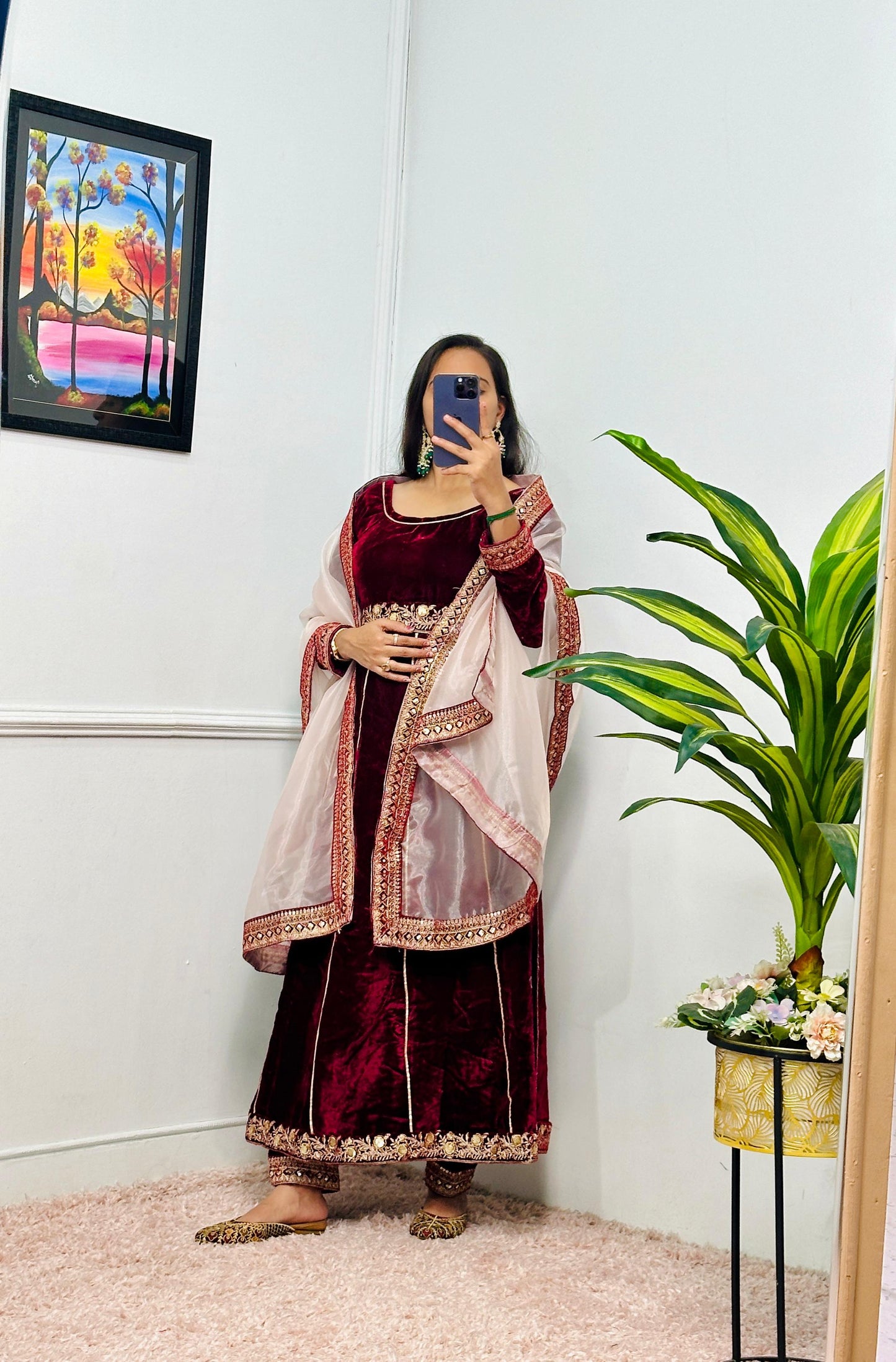 Velvet Anarkali Kurta Set Paired With Dupatta Indian Traditional Outfit Anarkali Gown Dress Ethnic Designer Bollywood Anarkali Dresses