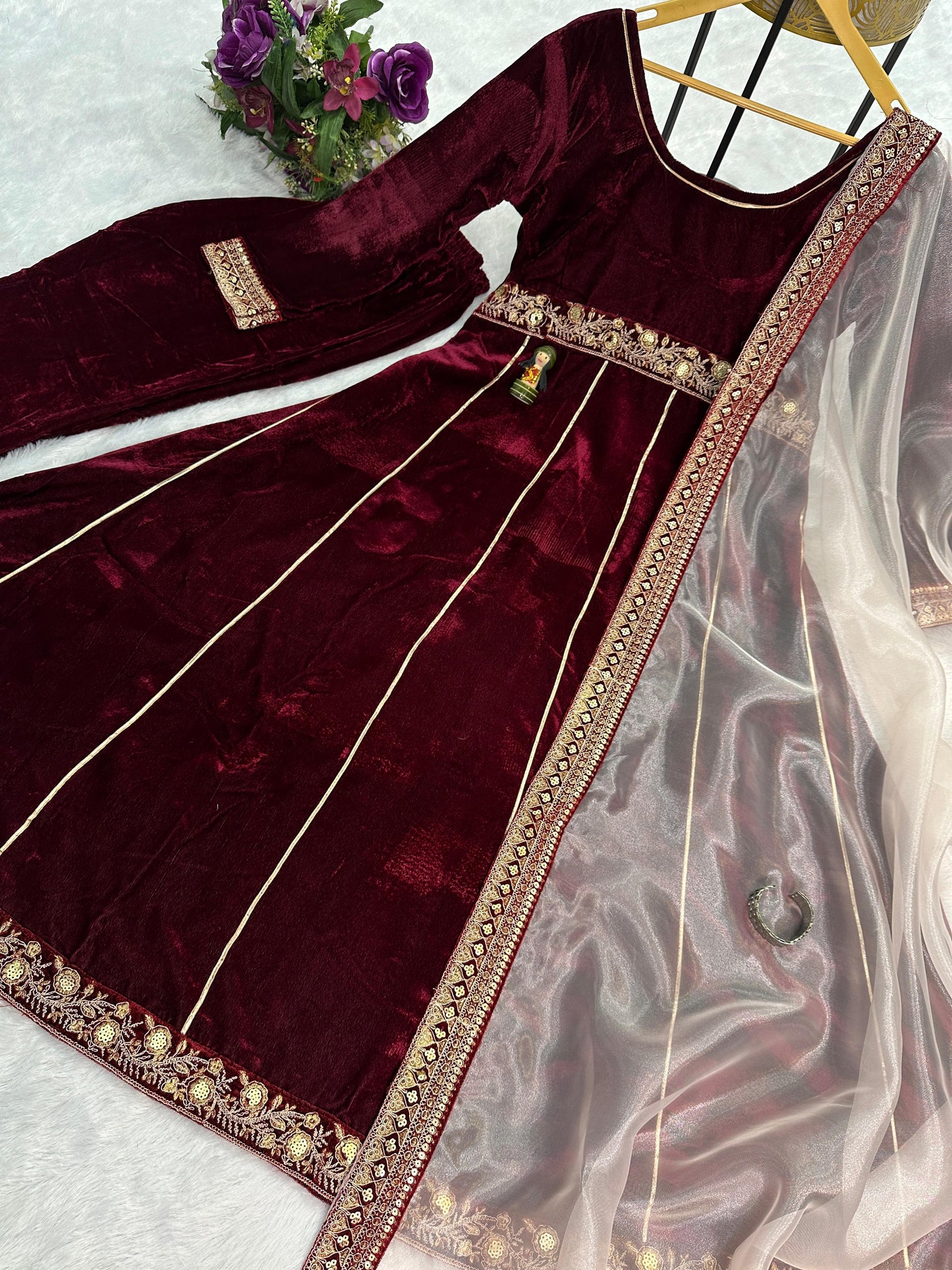 Velvet Anarkali Kurta Set Paired With Dupatta Indian Traditional Outfit Anarkali Gown Dress Ethnic Designer Bollywood Anarkali Dresses