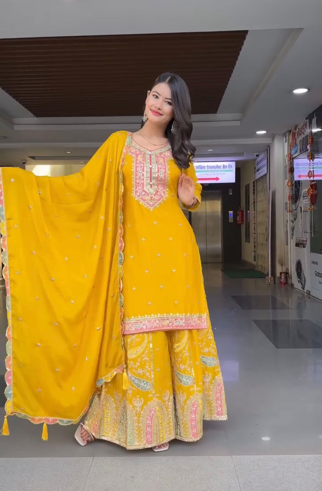 Pakistani Yellow Sharara suit. Heavy sequence embroidered Punjabi suit. Gift for her