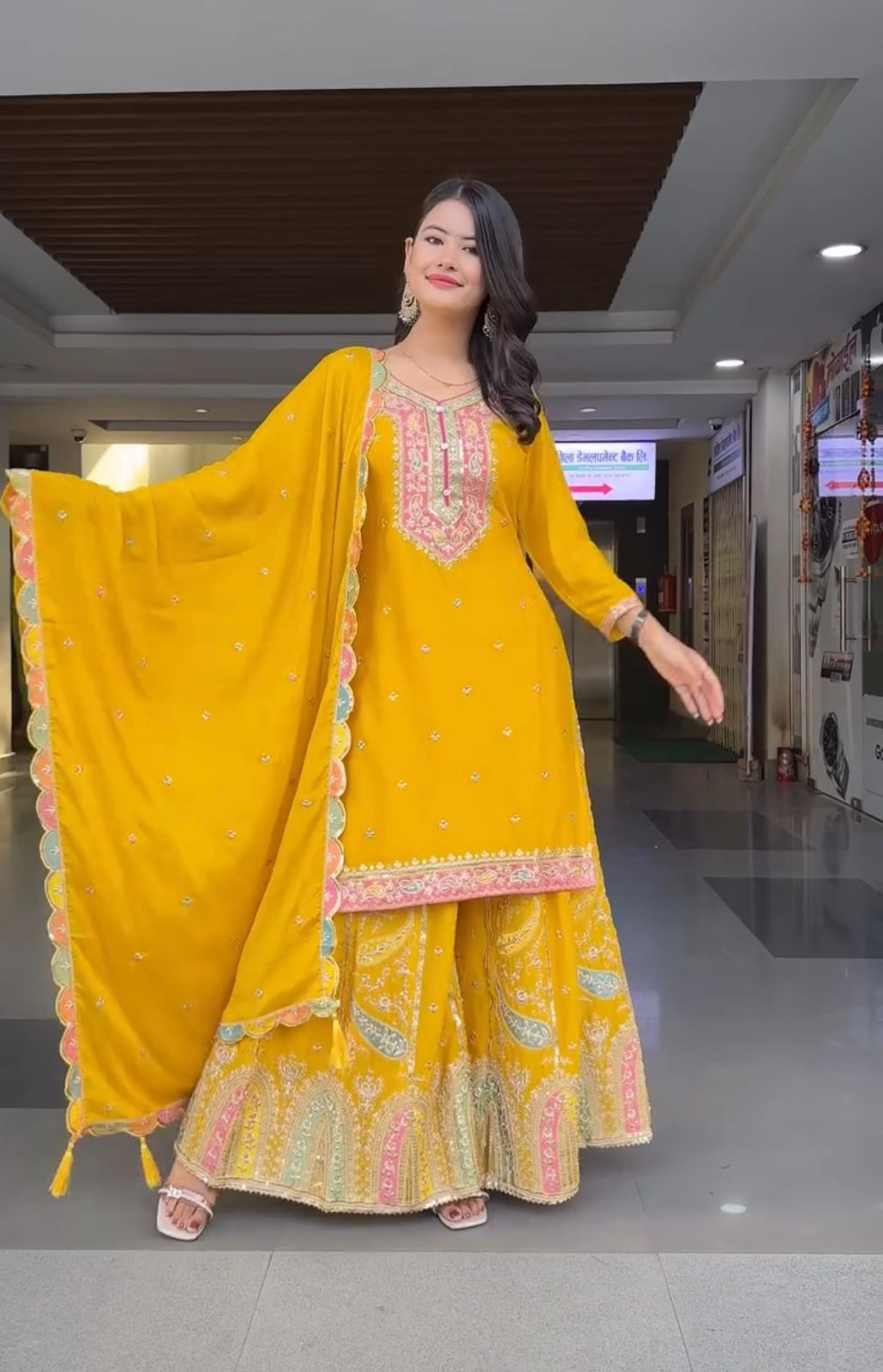 Pakistani Yellow Sharara suit. Heavy sequence embroidered Punjabi suit. Gift for her