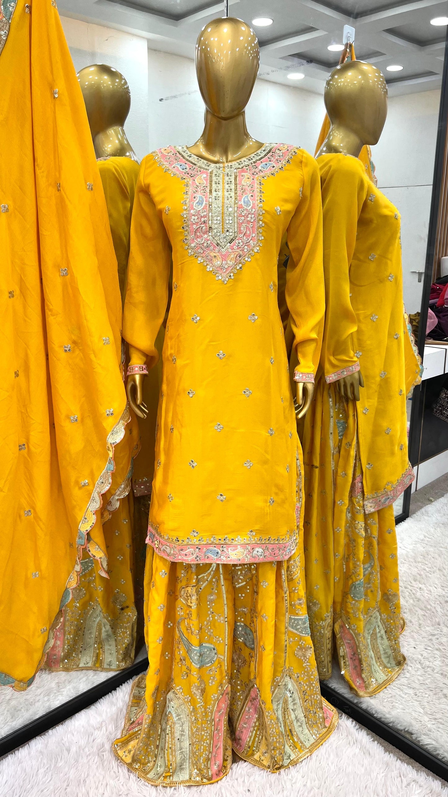 Pakistani Yellow Sharara suit. Heavy sequence embroidered Punjabi suit. Gift for her