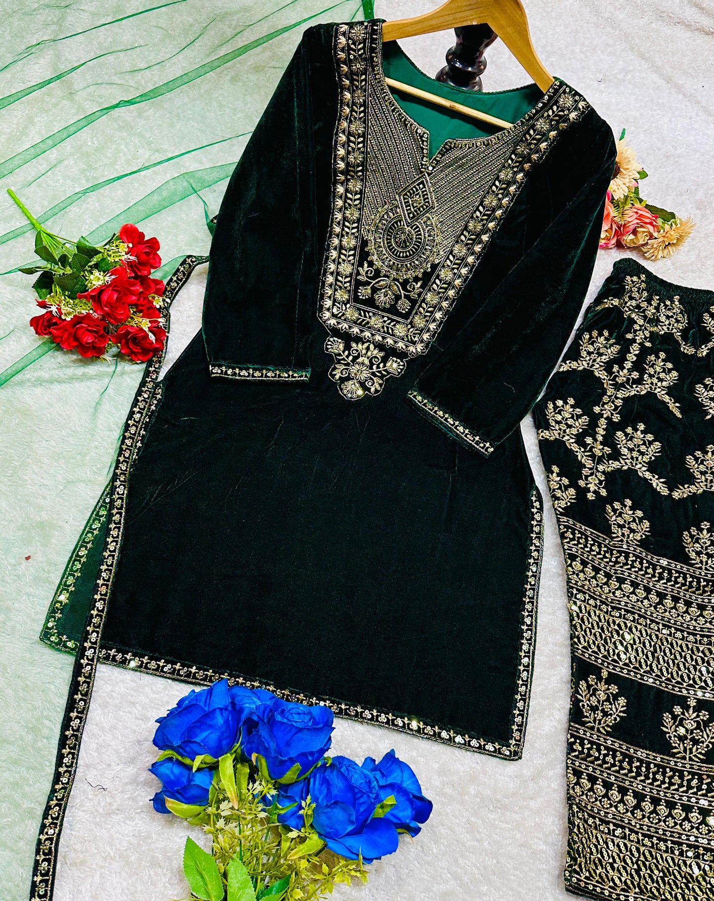 Party Wear Viscose Velvet Designer Look Top-Dupatta and Fully Stiched Bottom With Heavy Embroidery Siquance Work