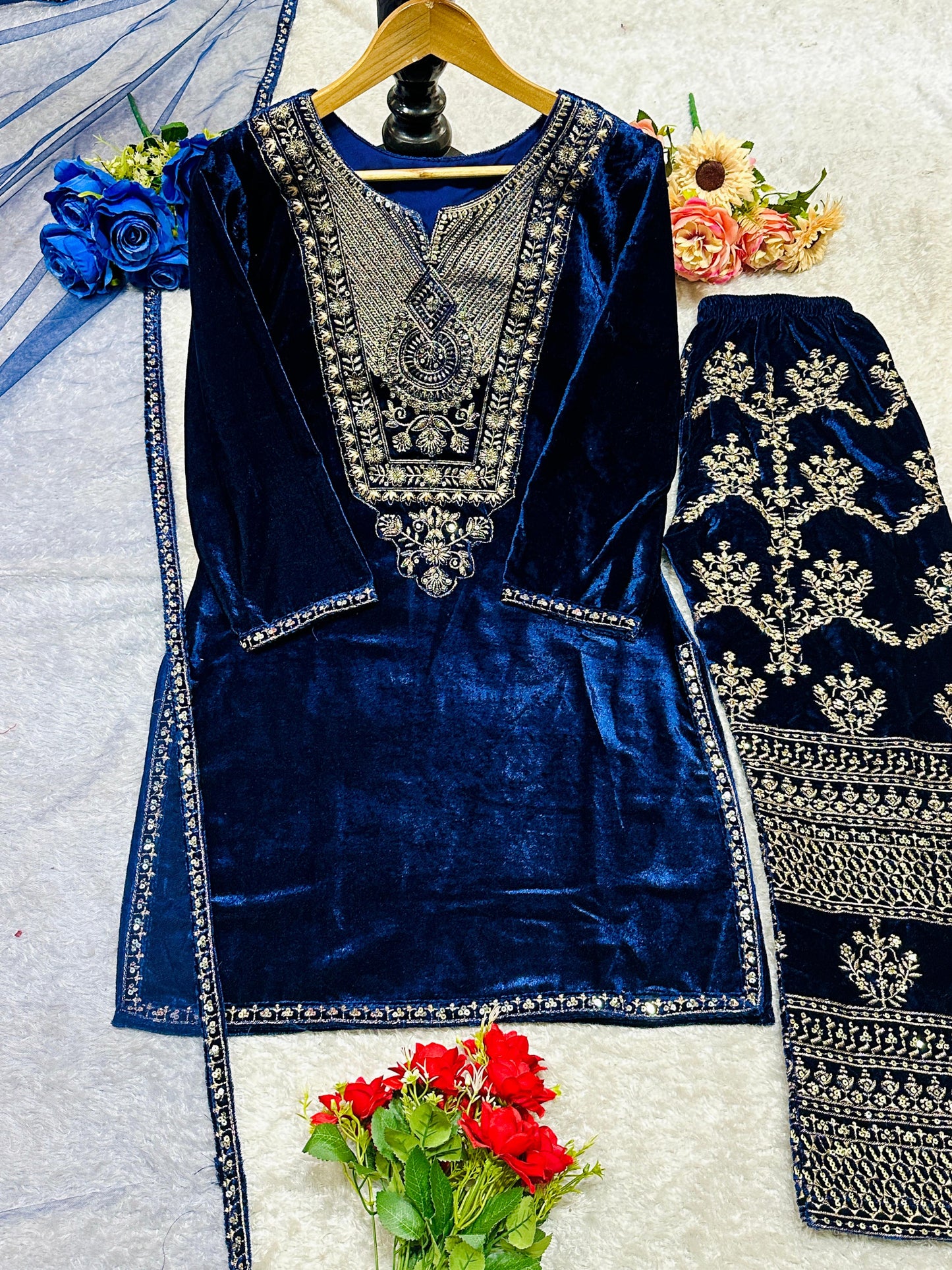 Party Wear Viscose Velvet Designer Look Top-Dupatta and Fully Stiched Bottom With Heavy Embroidery Siquance Work