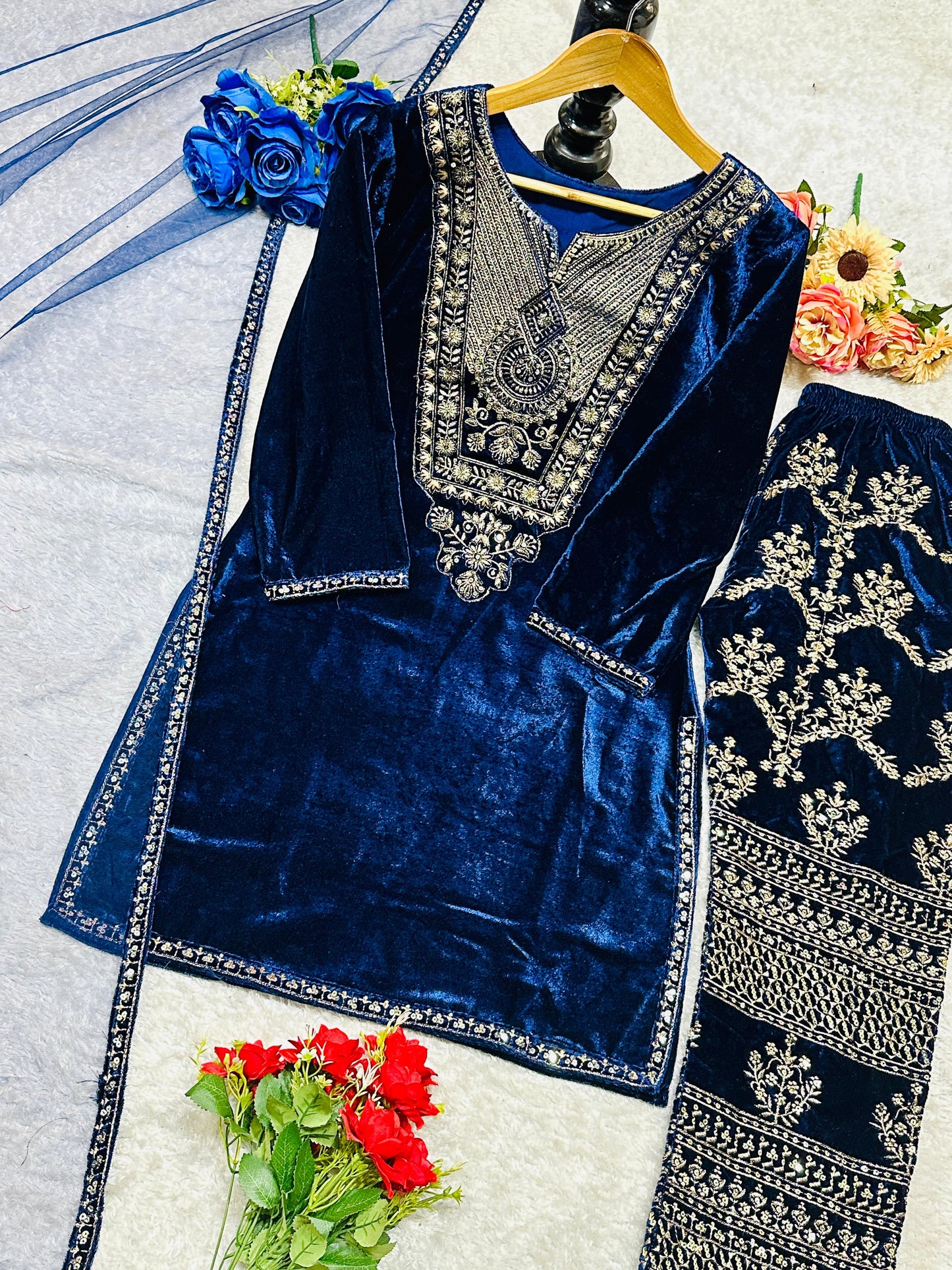 Party Wear Viscose Velvet Designer Look Top-Dupatta and Fully Stiched Bottom With Heavy Embroidery Siquance Work