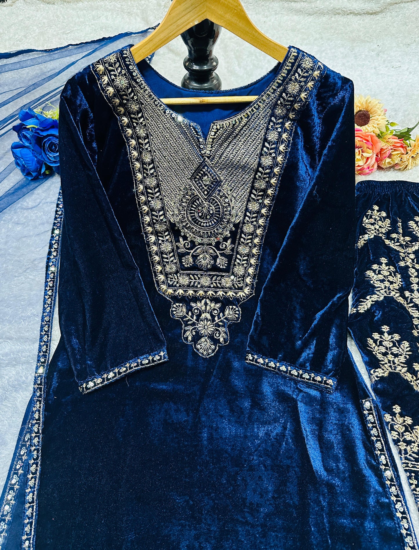 Party Wear Viscose Velvet Designer Look Top-Dupatta and Fully Stiched Bottom With Heavy Embroidery Siquance Work