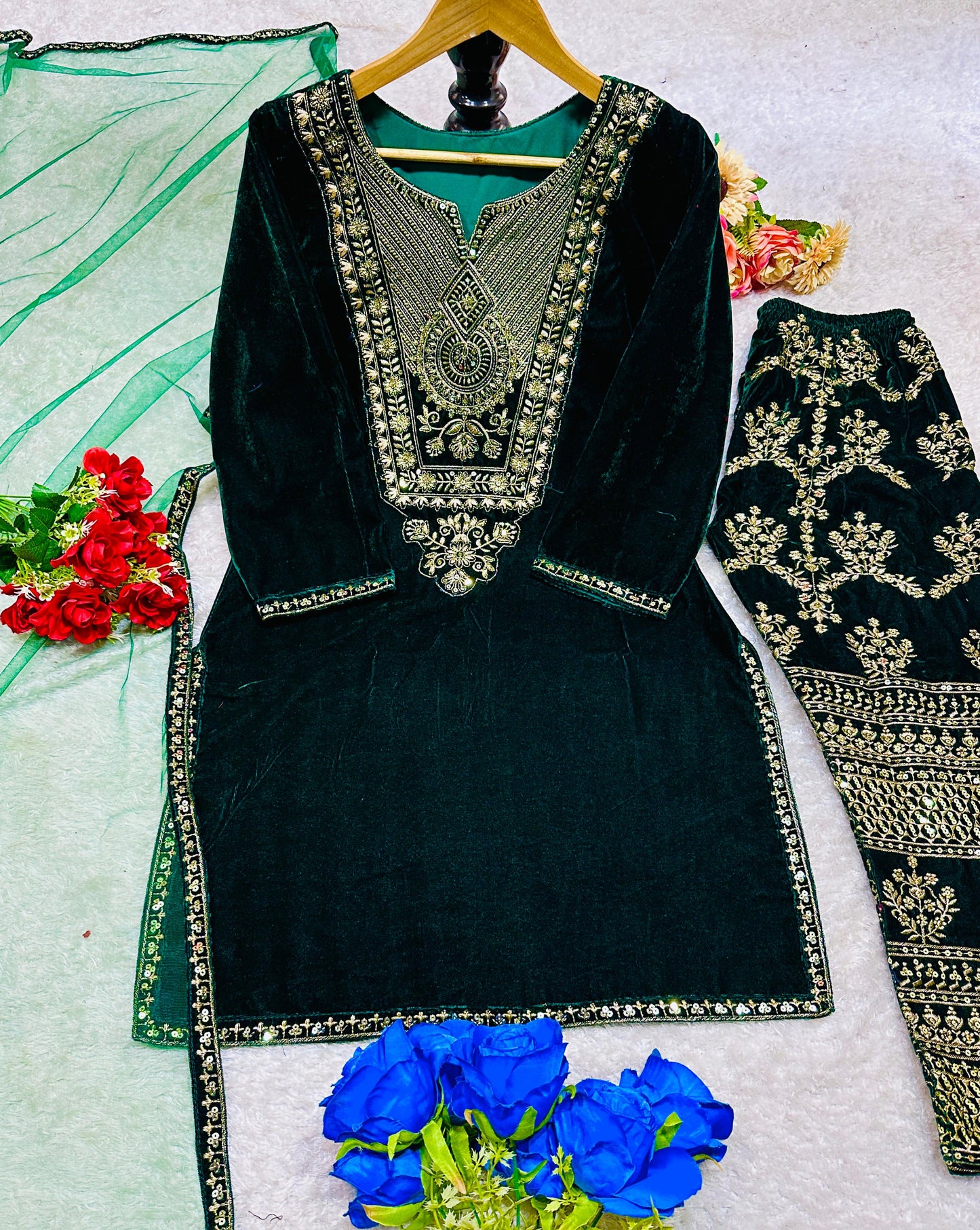 Party Wear Viscose Velvet Designer Look Top-Dupatta and Fully Stiched Bottom With Heavy Embroidery Siquance Work