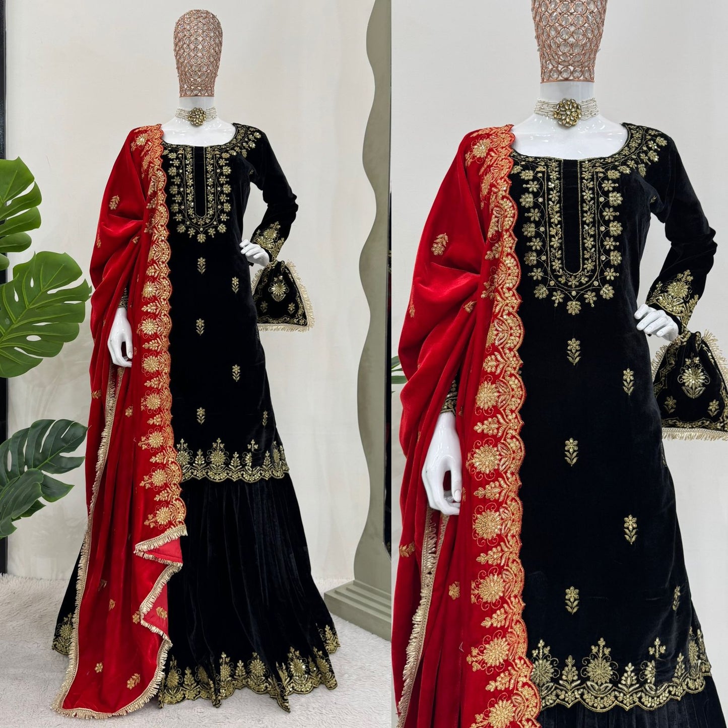 Black Kurta sharara suit 3 pc Salwar kameez readymade Velvet Sarara suit Stylish Pakistani suit Punjabi wedding dress Bridesmaids sharara