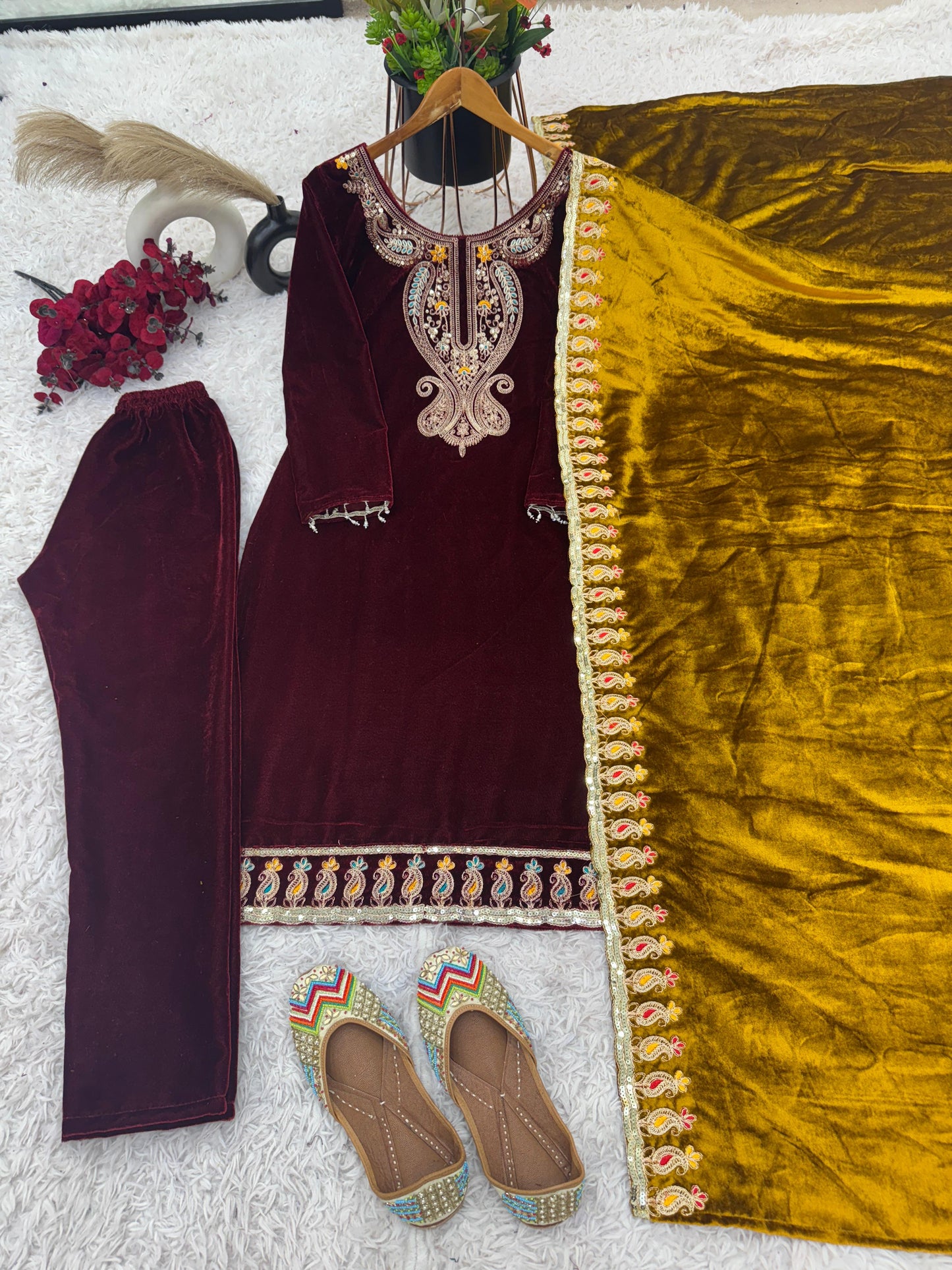 Party Wear Viscose Velvet Designer Look Top-Dupatta and Fully Stiched Bottom With Heavy Embroidery Siquance Work