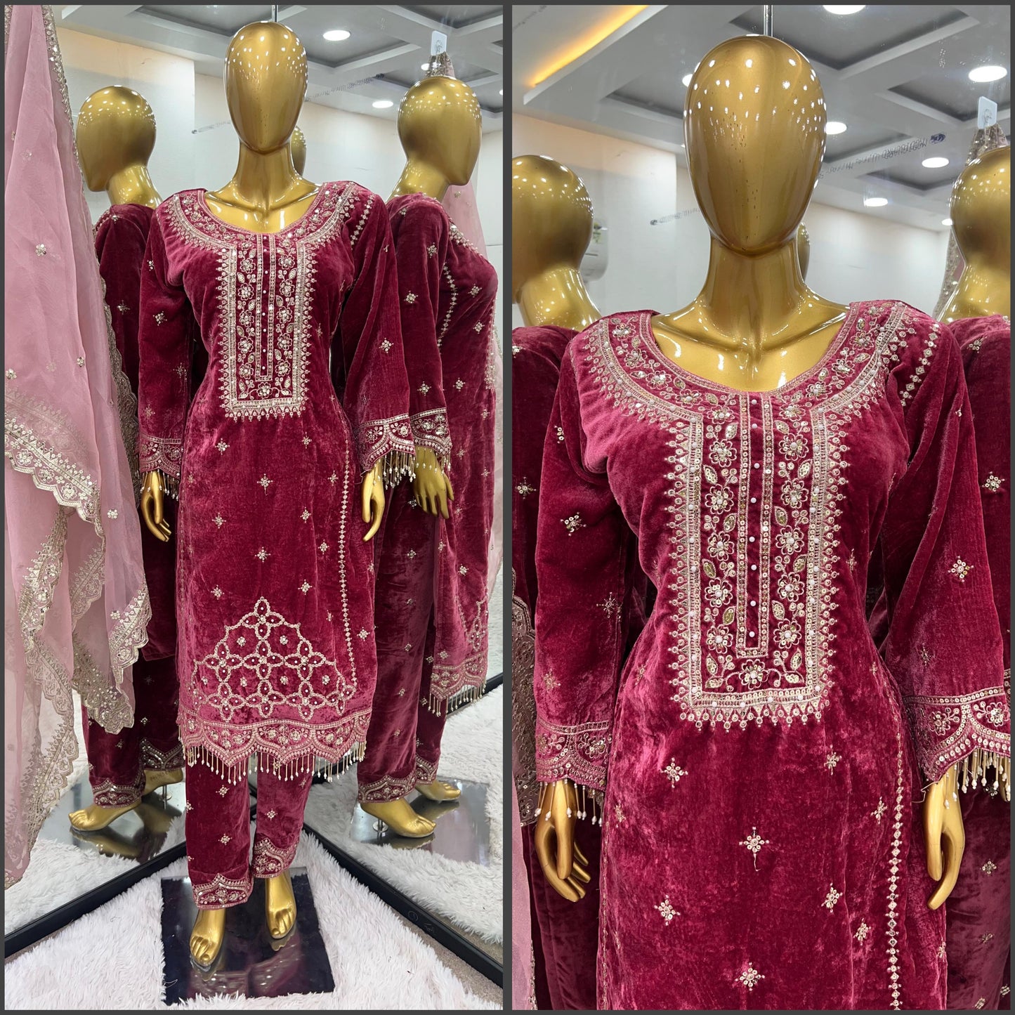 Beautiful Ready To Wear pink Coloured Pure Viscose Velvet With Embroidery Heavy Suit For Women